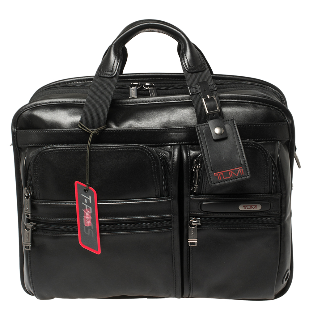 TUMI Black Leather Gen 4.2 T-Pass Expandable Laptop Briefcase
