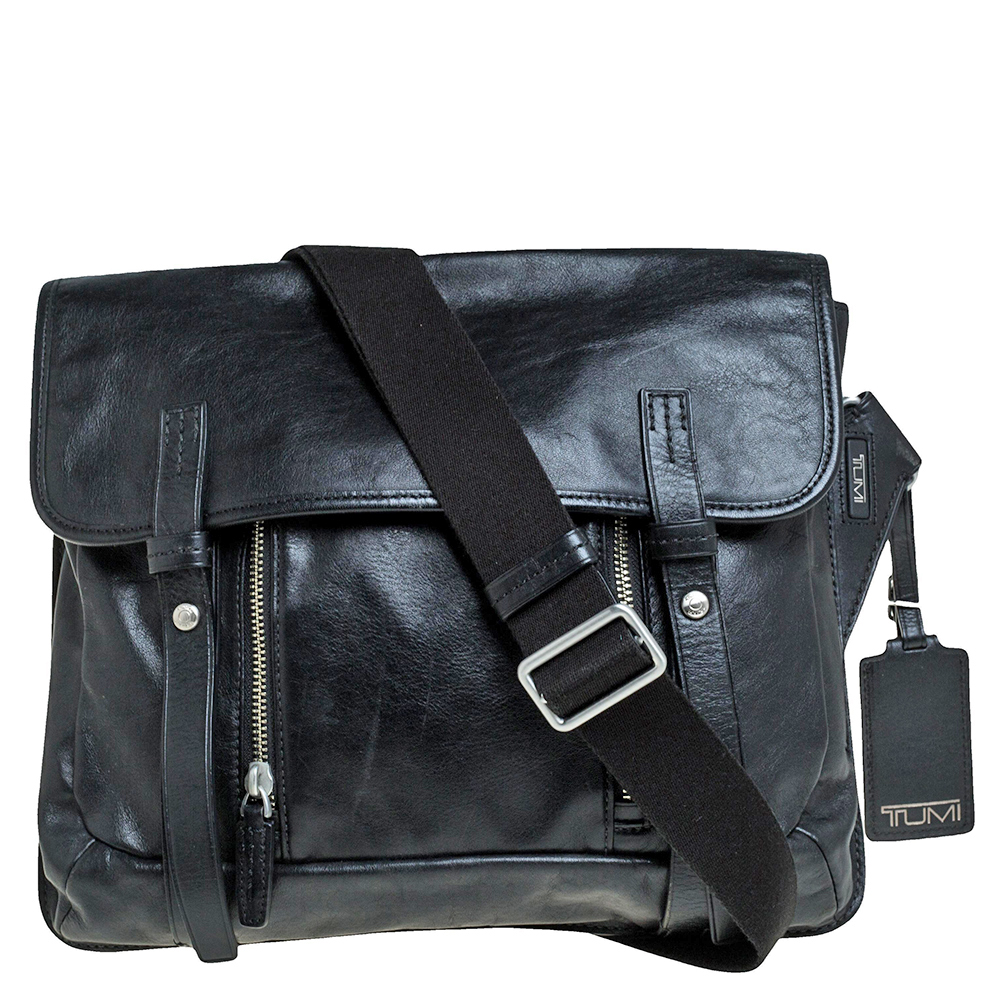 TUMI Black Leather Front Pocket Flap Messenger Bag