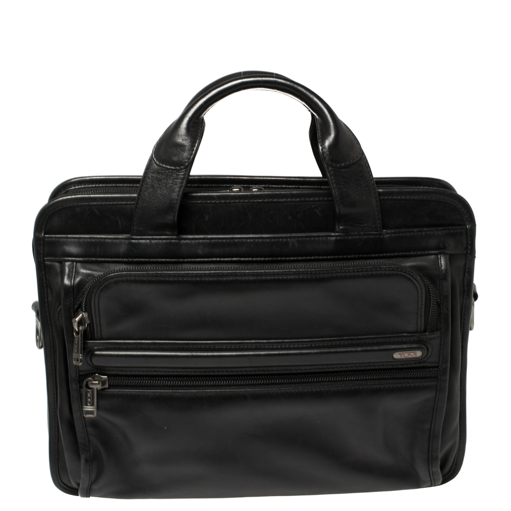 Tumi Black Leather Expandable Laptop Bag