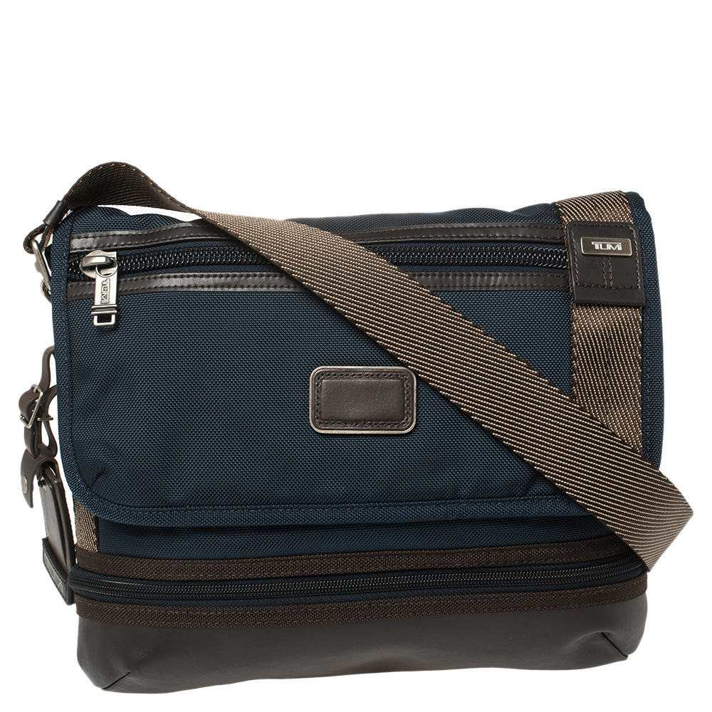 TUMI Blue/Brown Nylon and Leather Bravo Barstow Messenger Bag