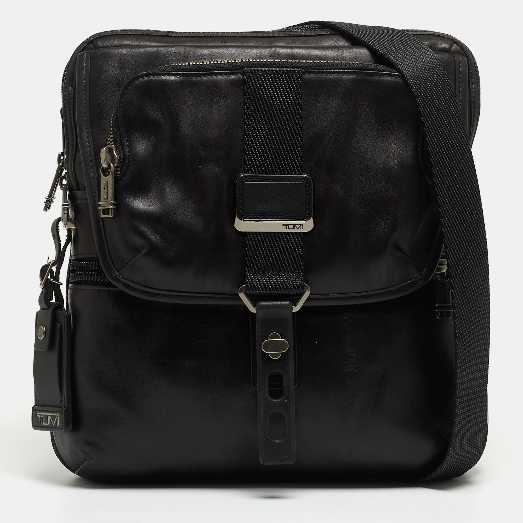TUMI Black Leather Alpha Bravo Arnold Zip Expandable Messenger Bag
