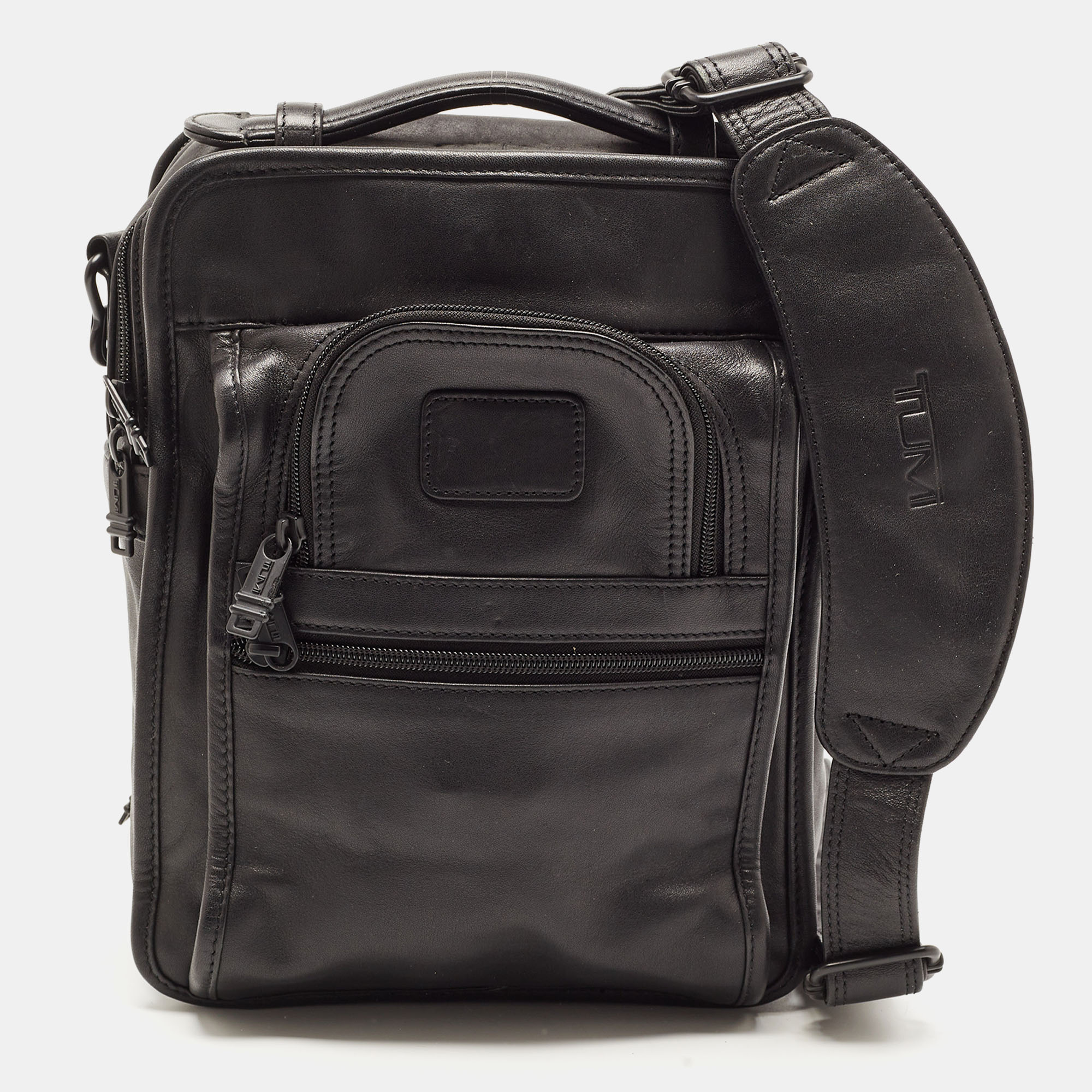 Tumi Black Leather Double Zip Messenger Bag