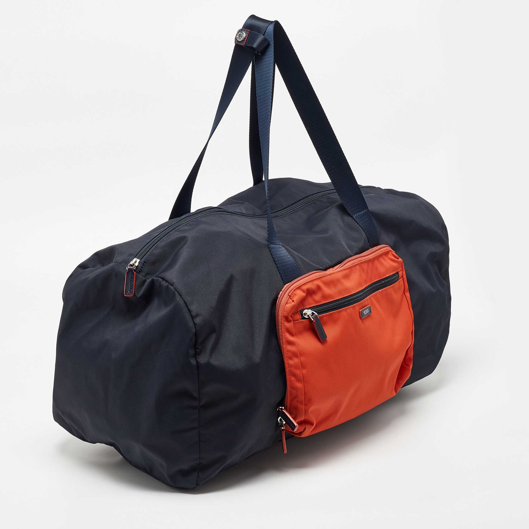 TUMI Navy Blue/Orange Nylon Foldable Compact Duffle Bag
