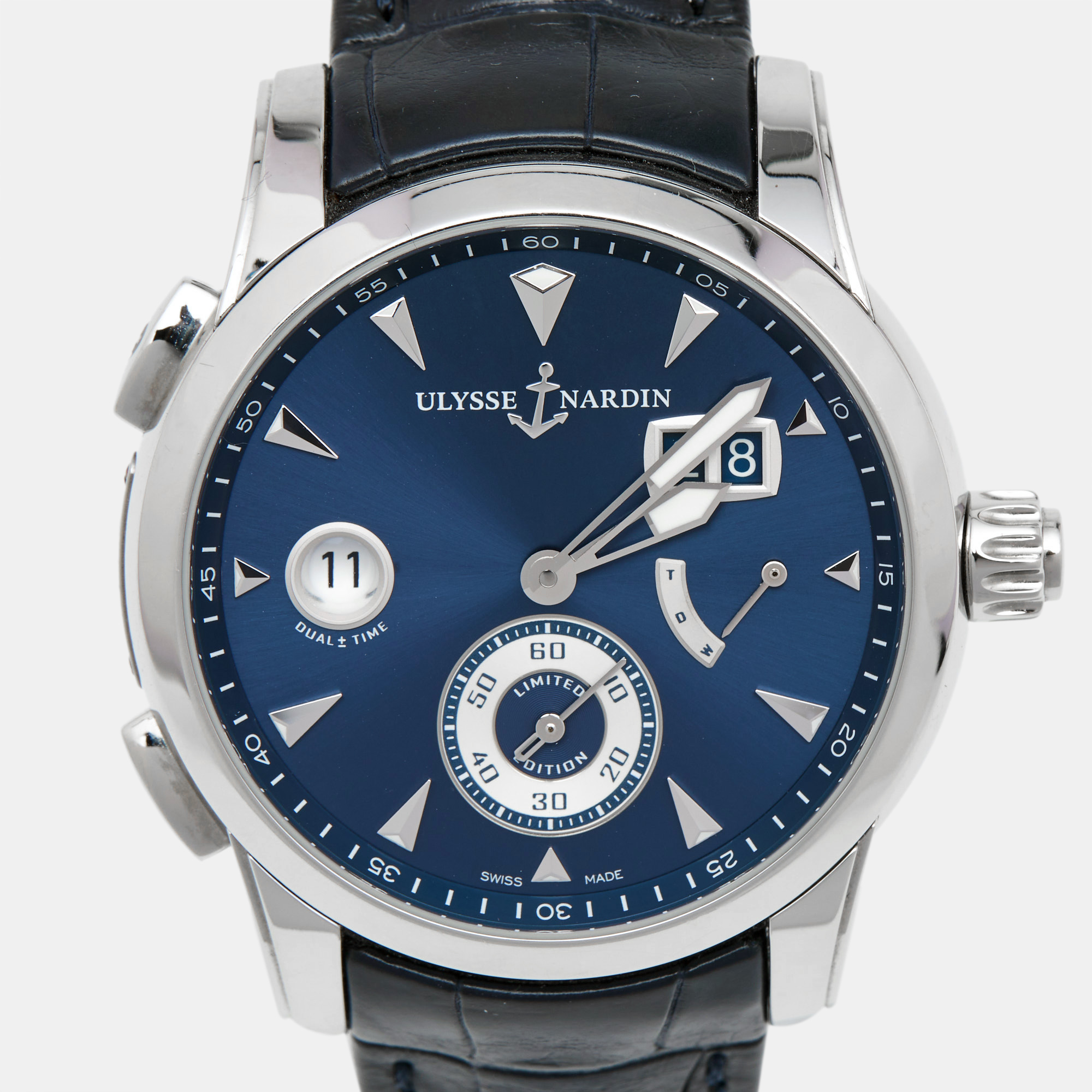 Ulysse Nardin Blue Stainless Steel Alligator Leather Dual Time Manufacture-Monaco Limited Edition 3243-132/EO Men's Wristwatch 42 Mm