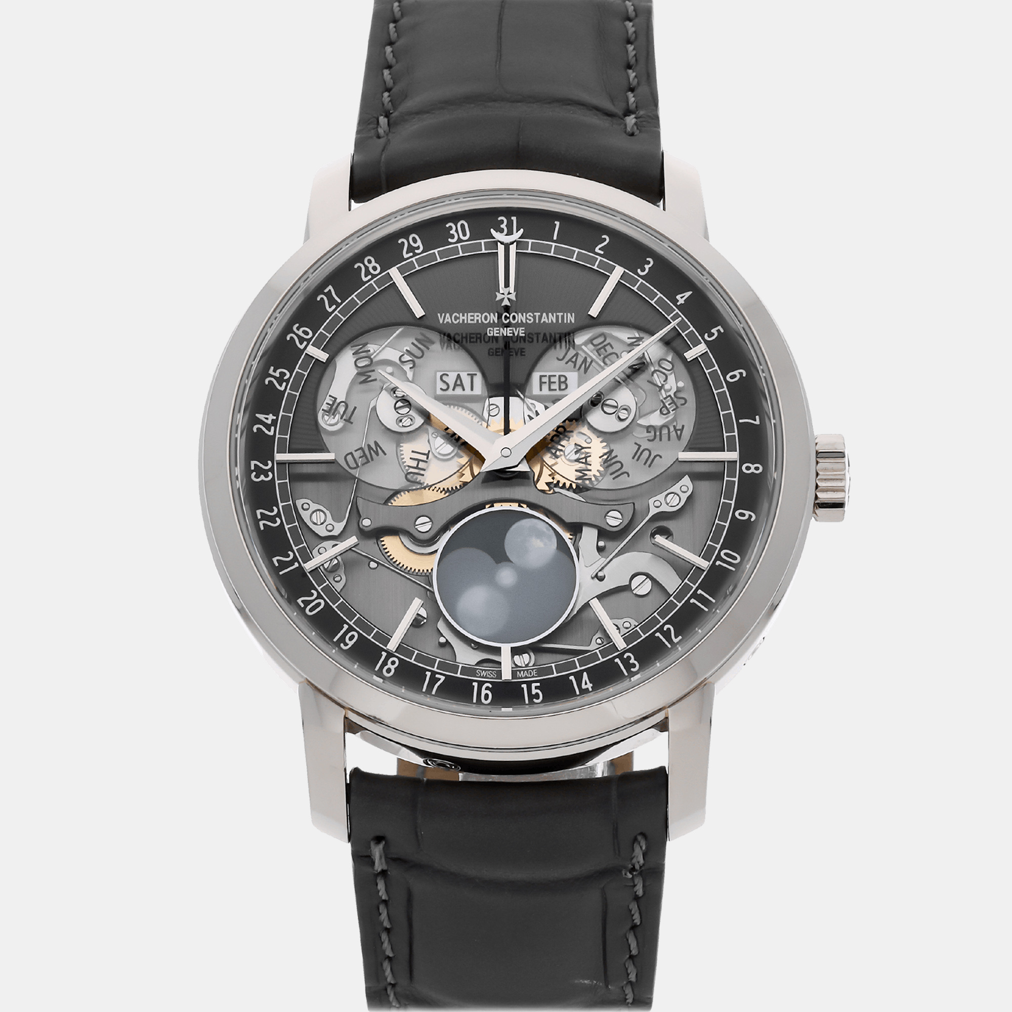 Vacheron constantin grey 18k white gold traditionnelle complete calendar men's wristwatch 41 mm