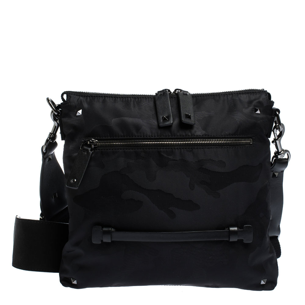 Image of Valentino Black Nylon Camouflage Messenger Bag