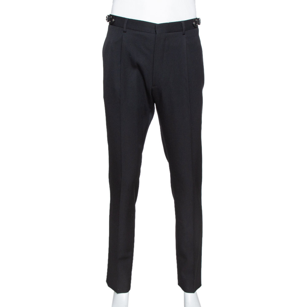 Image of Valentino Black Wool Leather Trim Tailored Trousers XL