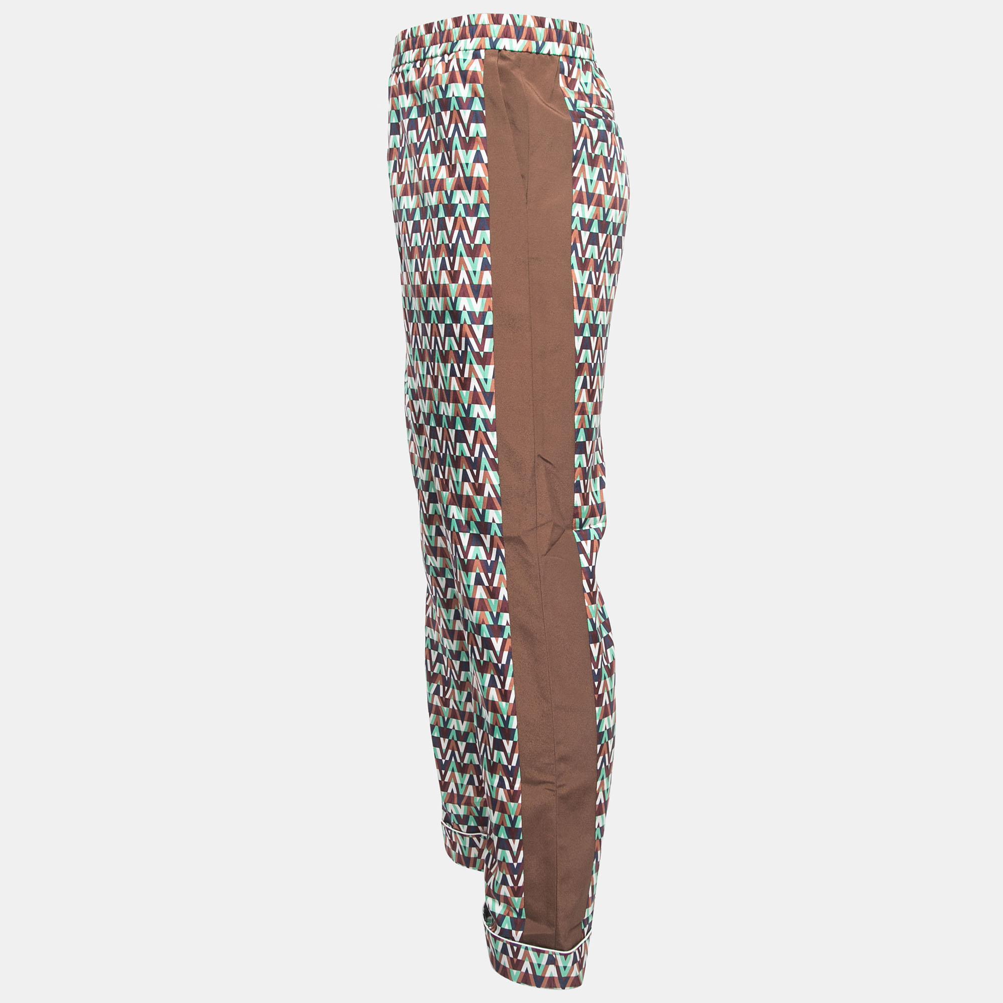 

Valentino Brown Optical V Print Silk Elasticized Waist Pants