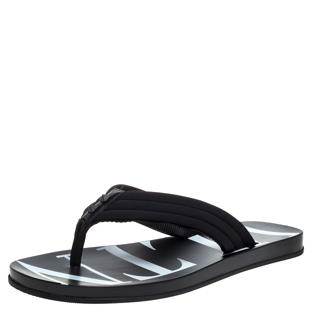 Image of Valentino Black Fabric and Leather Trim VLTN Flip Flops Size