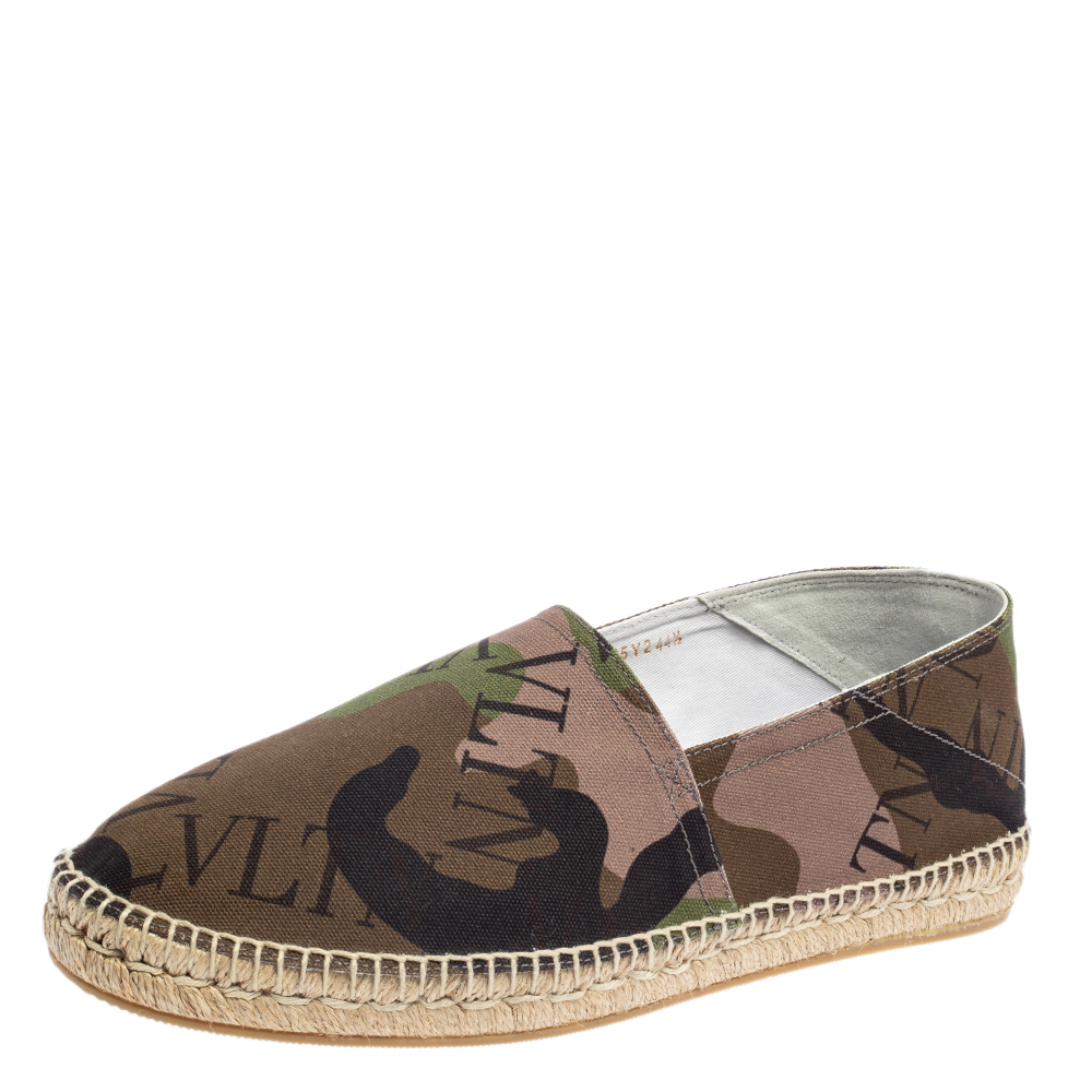 Valentino Camouflage Canvas VLTN Grid Espadrille Flat Sandals Size 44.5