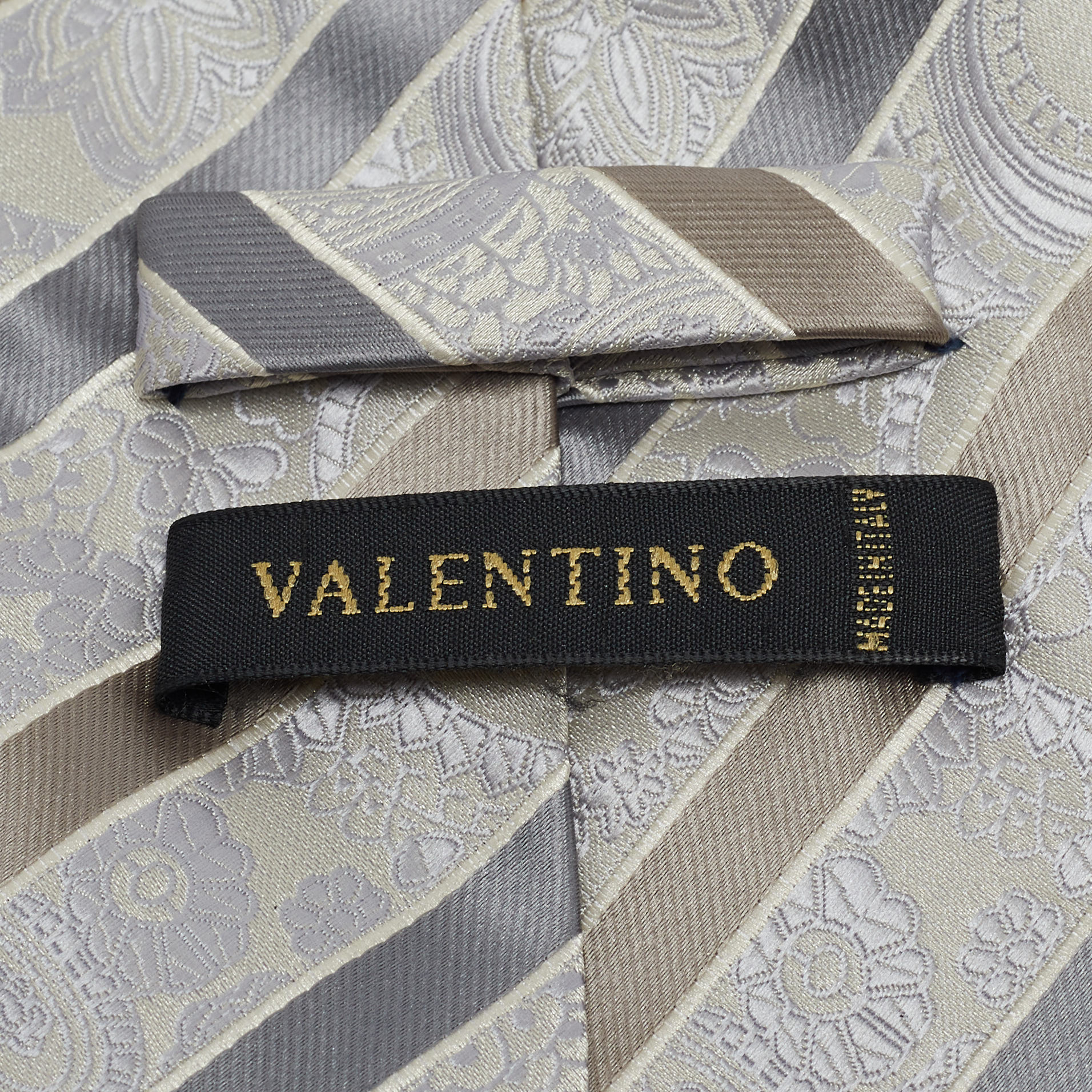 Valentino Vintage Grey Striped Paisley Pattern Jacquard Silk Tie