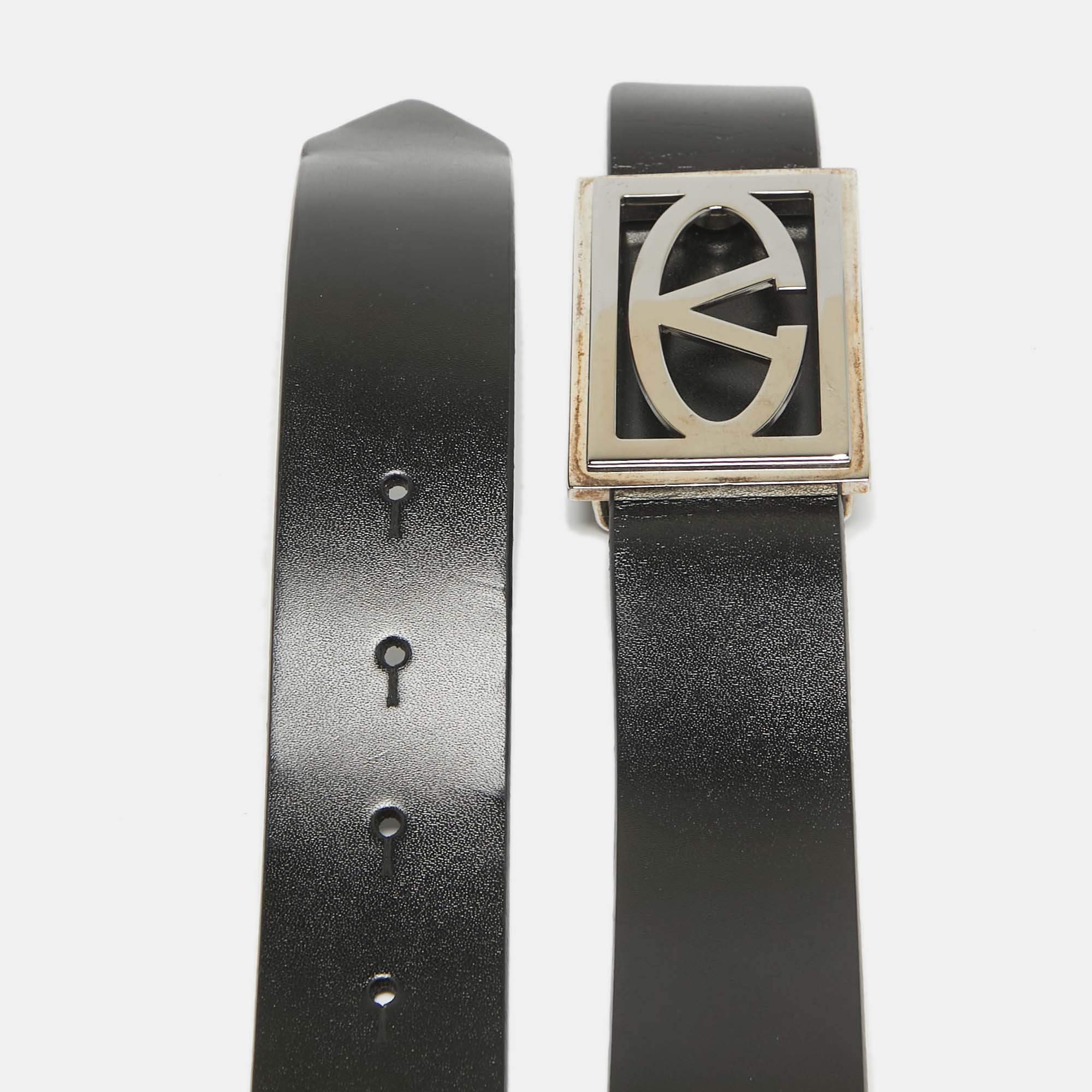 Valentino Black Leather Vlogo Square Buckle Reversible  Belt 110 CM