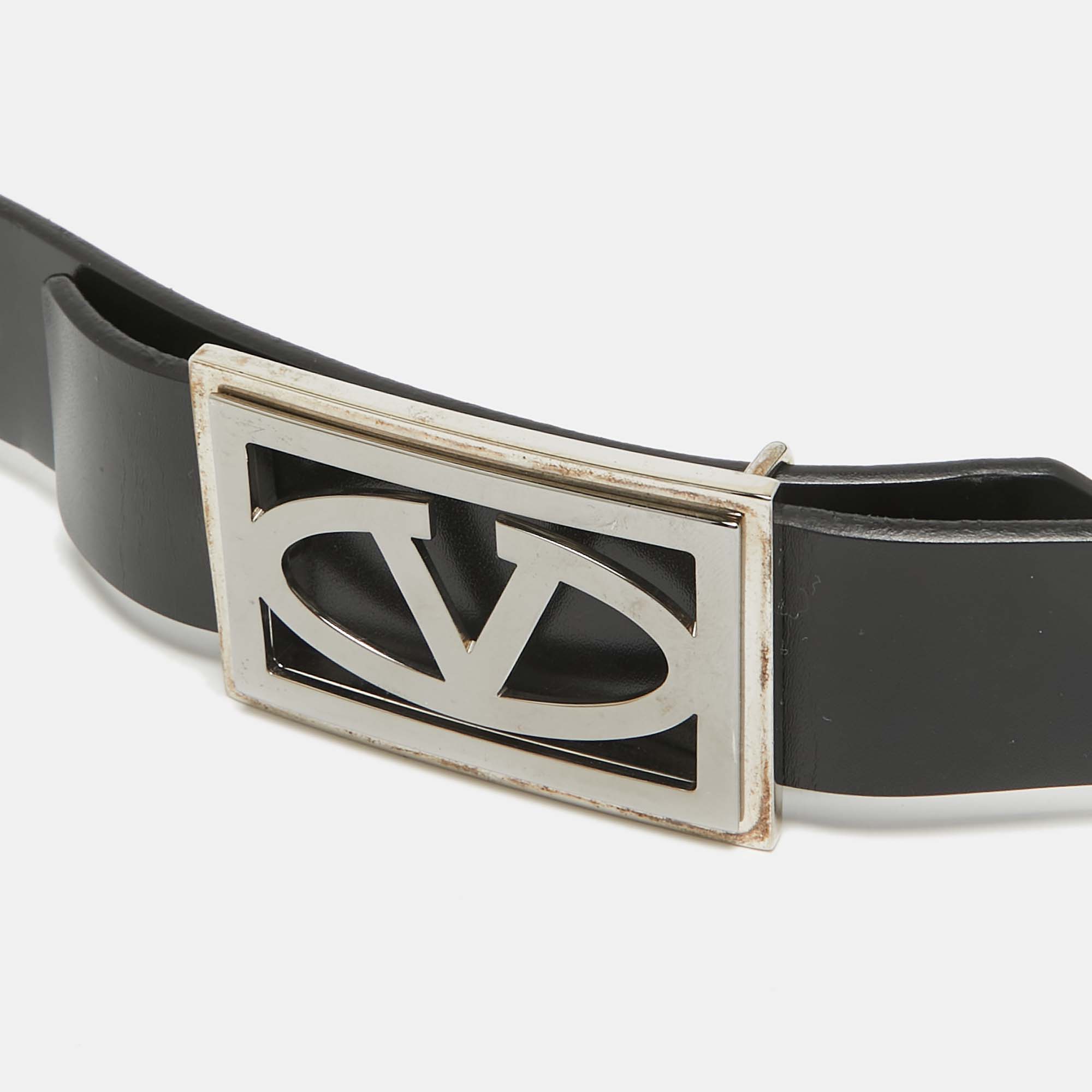 Valentino Black Leather Vlogo Square Buckle Reversible  Belt 110 CM