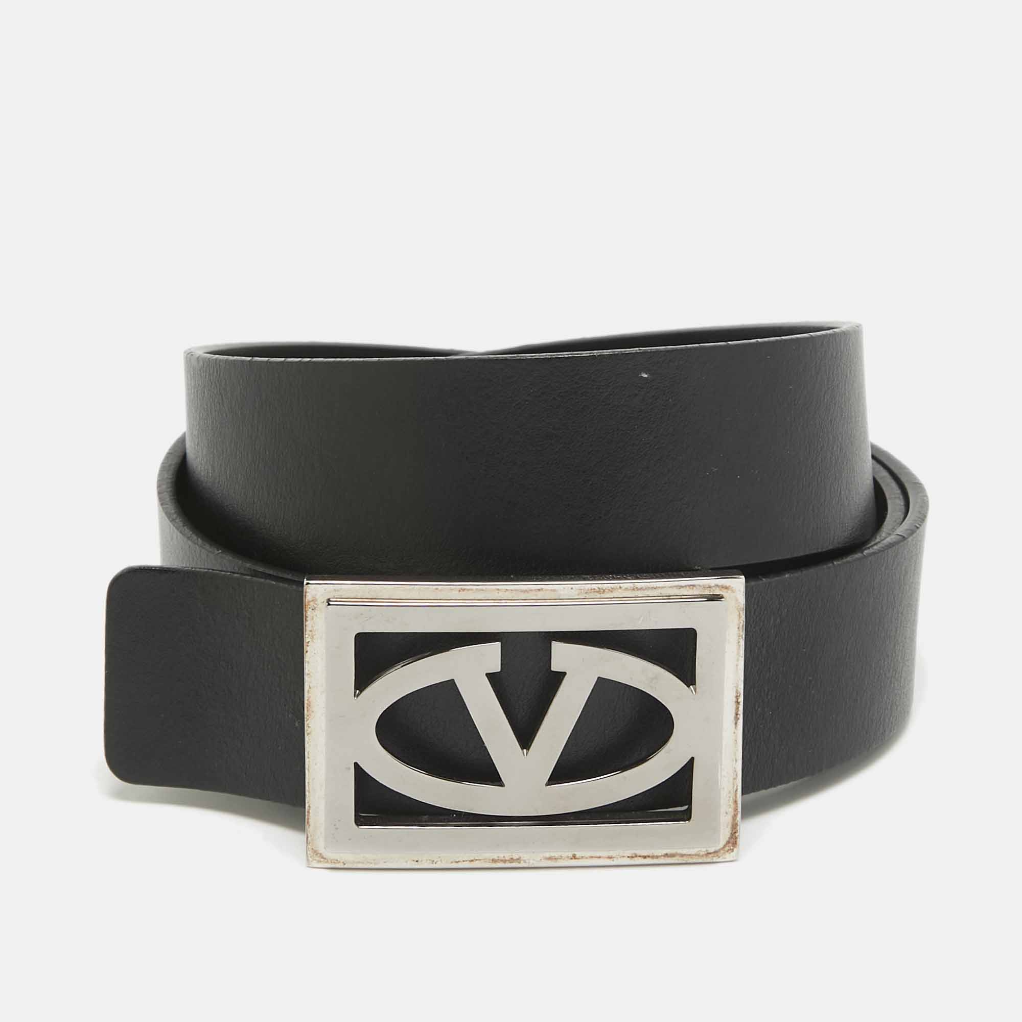 Valentino Black Leather Vlogo Square Buckle Reversible  Belt 110 CM