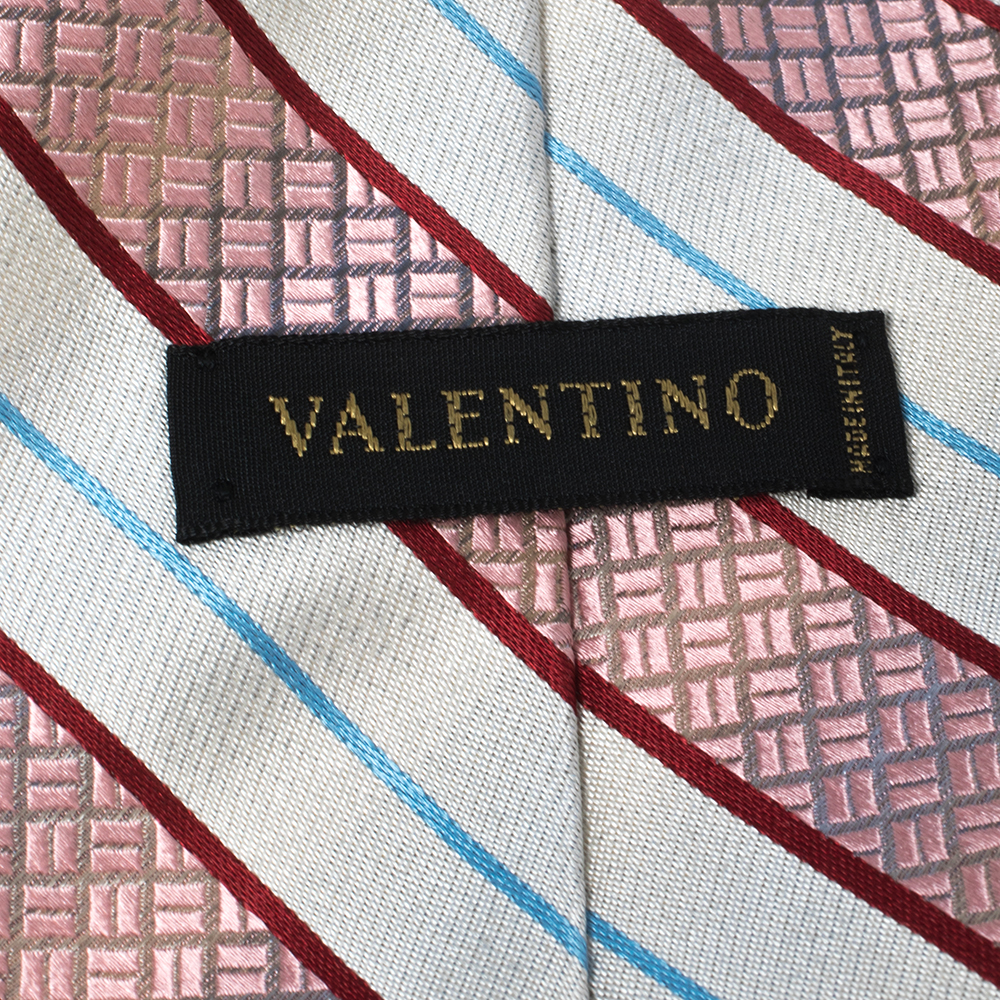 Valentino White & Pink Diagonal Textured Stripe Silk Tie