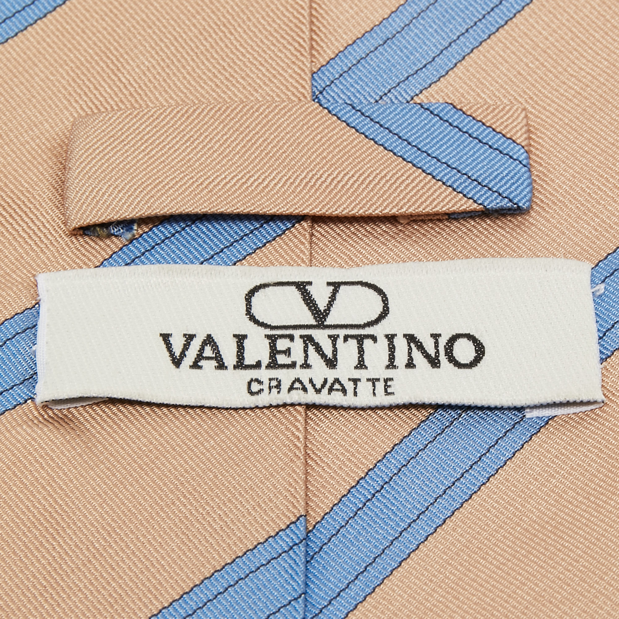 Valentino Beige & Blue Diagonal Striped Silk Vintage Tie