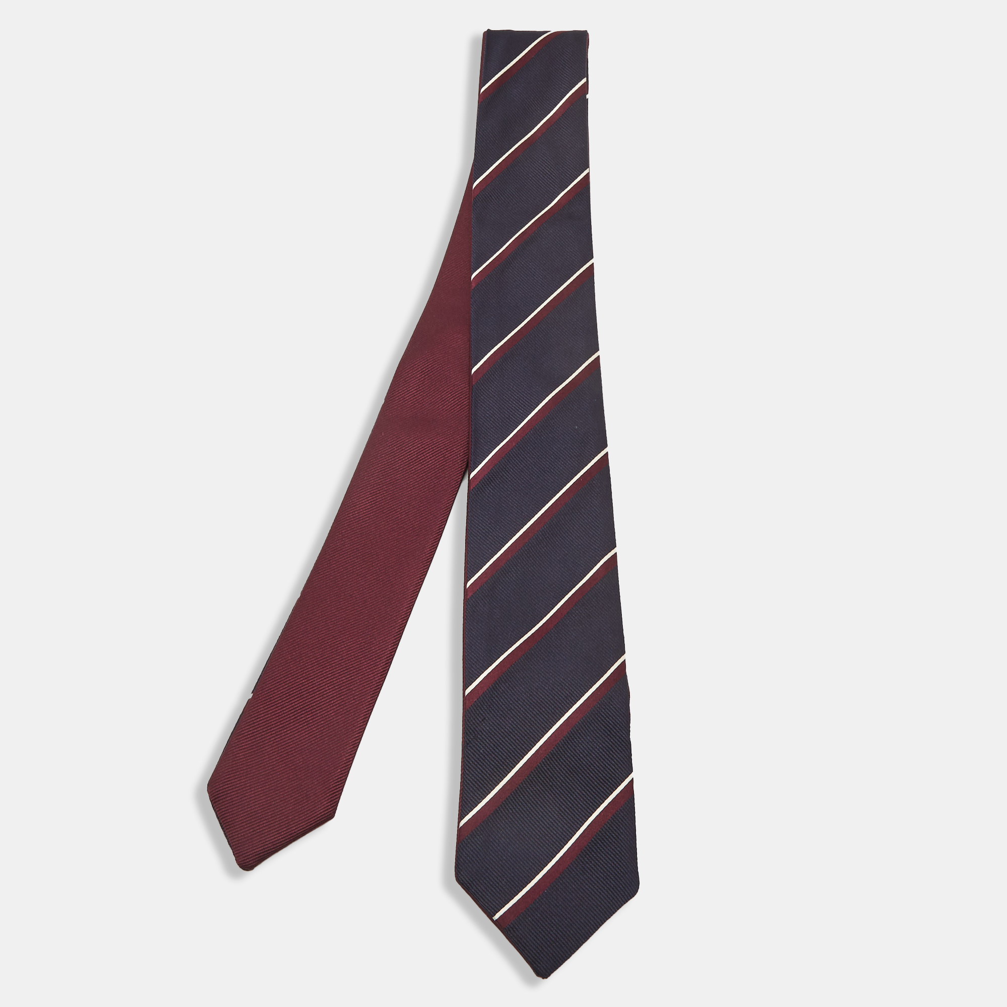 Valentino navy blue/burgundy striped silk reversible skinny tie