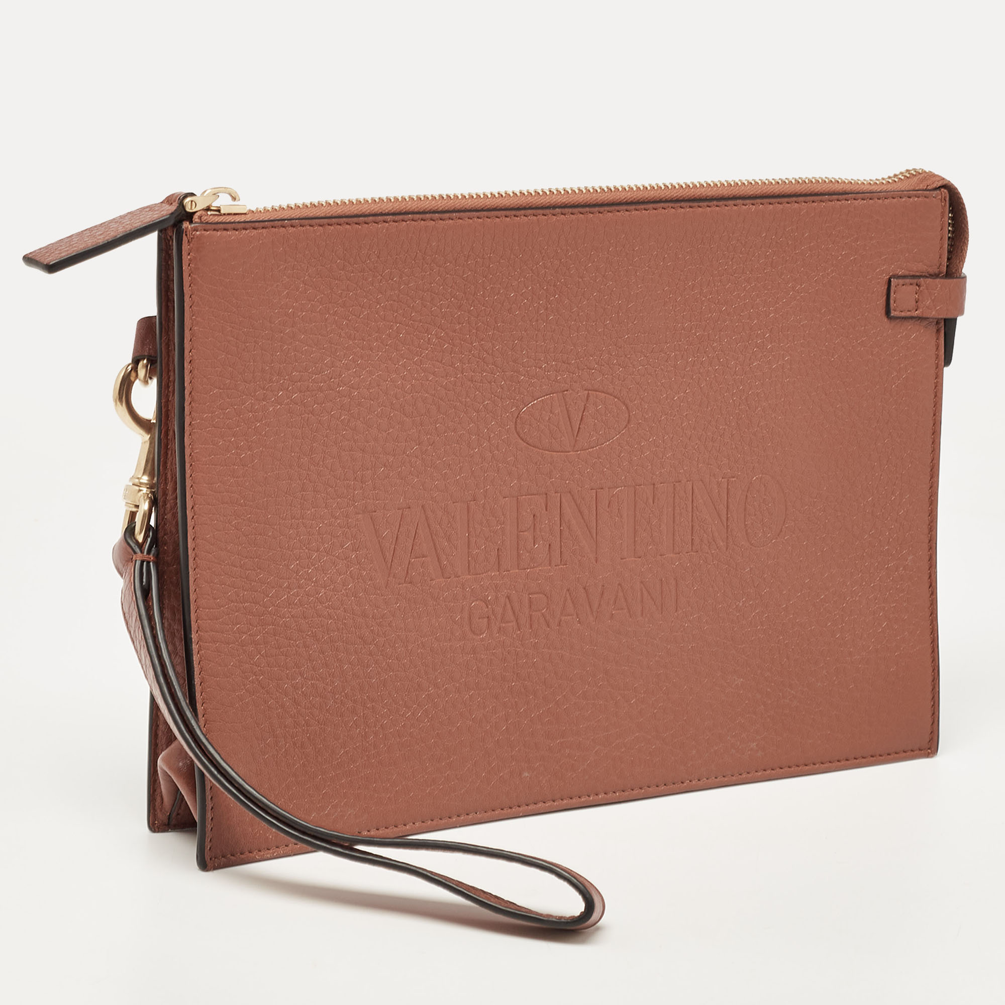 Valentino Brown Leather Logo Embossed Wristlet Clutch