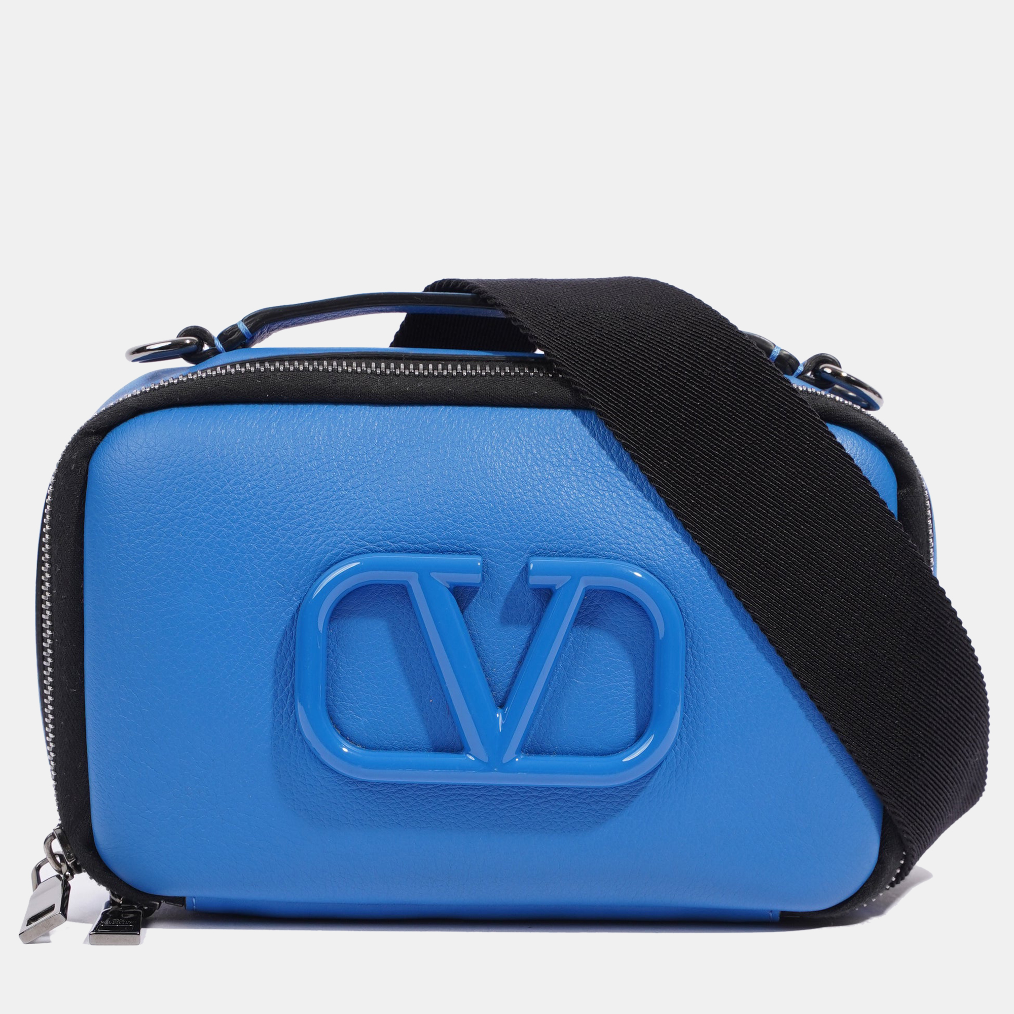 Valentino v logo blue leather crossbody bag
