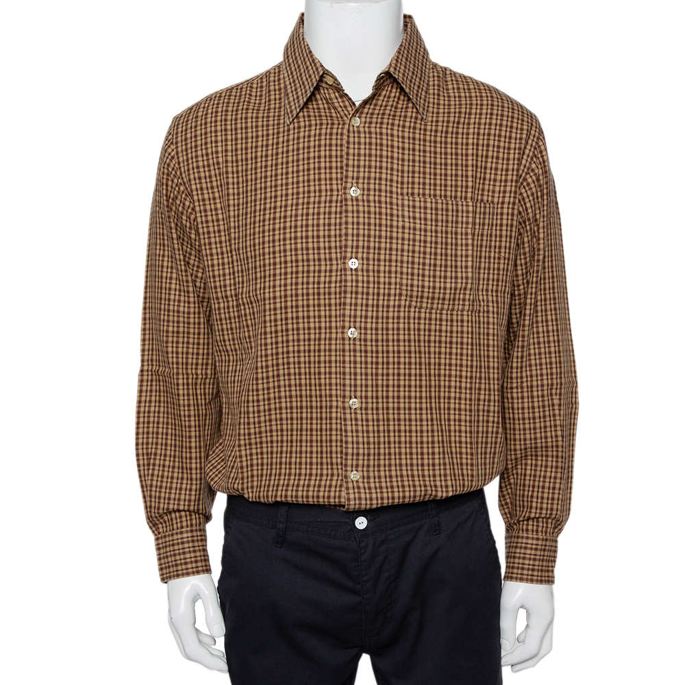 Valentino Chemises Vintage Brown Checkered Cotton Button Front Shirt XXL
