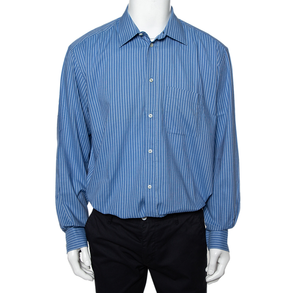 Valentino Chemises Vintage Blue Striped Cotton Button Front Shirt XXL