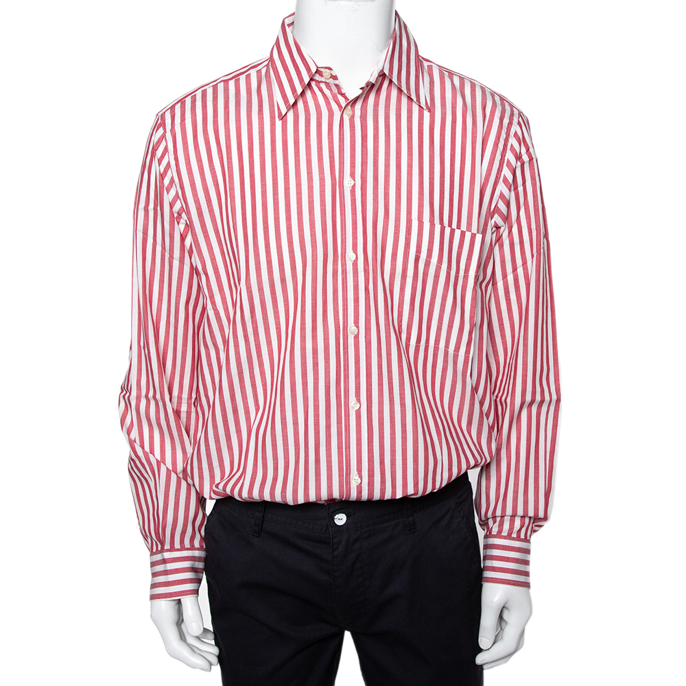 Valentino Chemises Vintage White & Pink Striped Cotton Button Front Shirt XXL