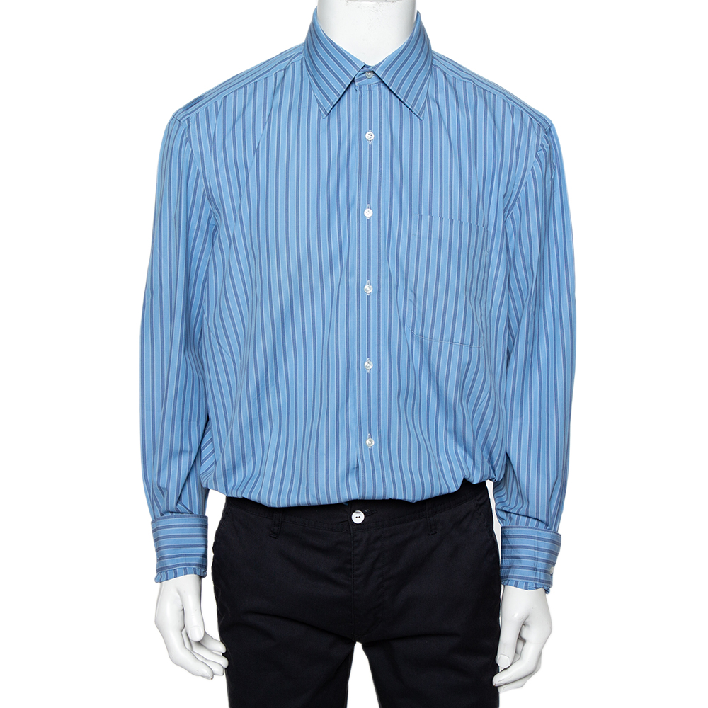 Valentino Boutique Vintage Blue Striped Cotton Button Front Shirt XXL