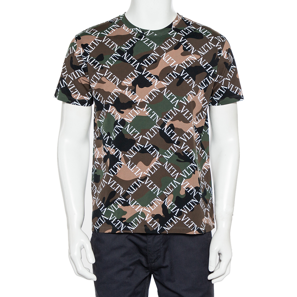Valentino Multicolor Camouflage Logo Printed Cotton Crewneck T-Shirt S