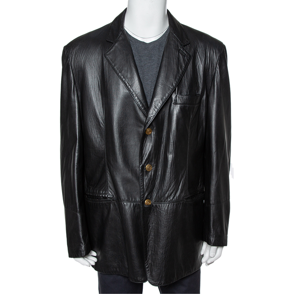 Valentino Vintage Black Leather Button Front Blazer 3XL