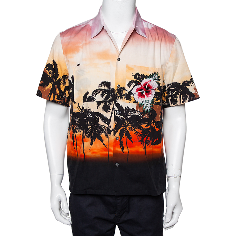 Valentino Multicolor Print Cotton Camp Collar Embellished Shirt L