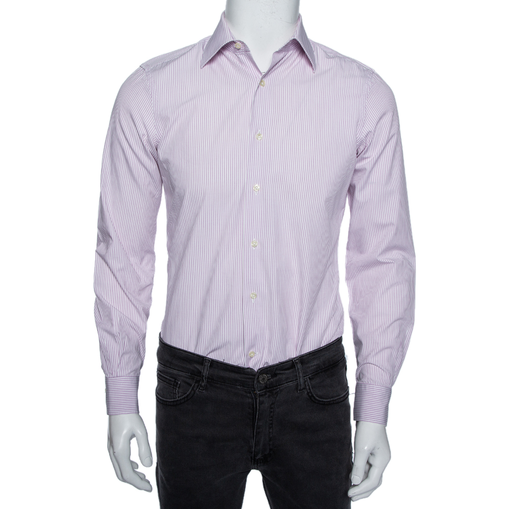 Valentino Lilac Striped Cotton Tailored Fit Shirt M