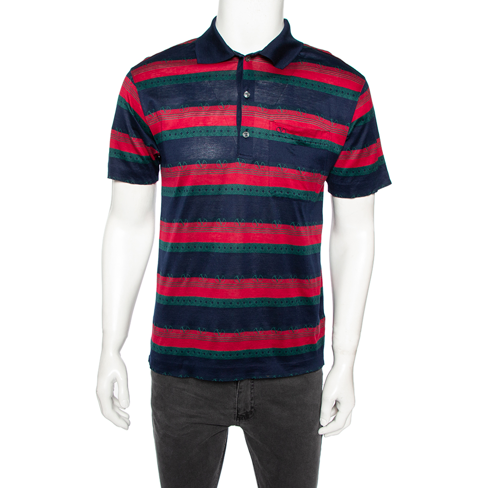 Valentino Chemise Vintage Multicolored Striped Cotton Pique Polo T-Shirt M