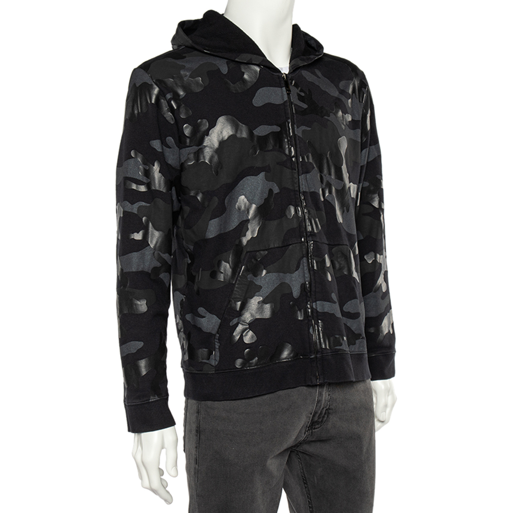 Valentino Black Camouflage Print Cotton Zip Up Hooded Sweatshirt L