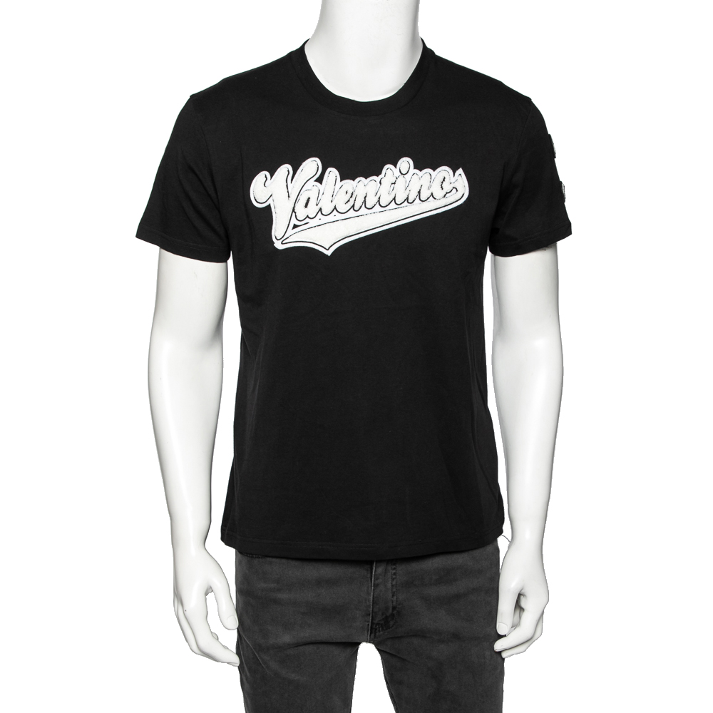 Valentino black cotton baseball logo appliqued short sleeve t-shirt s