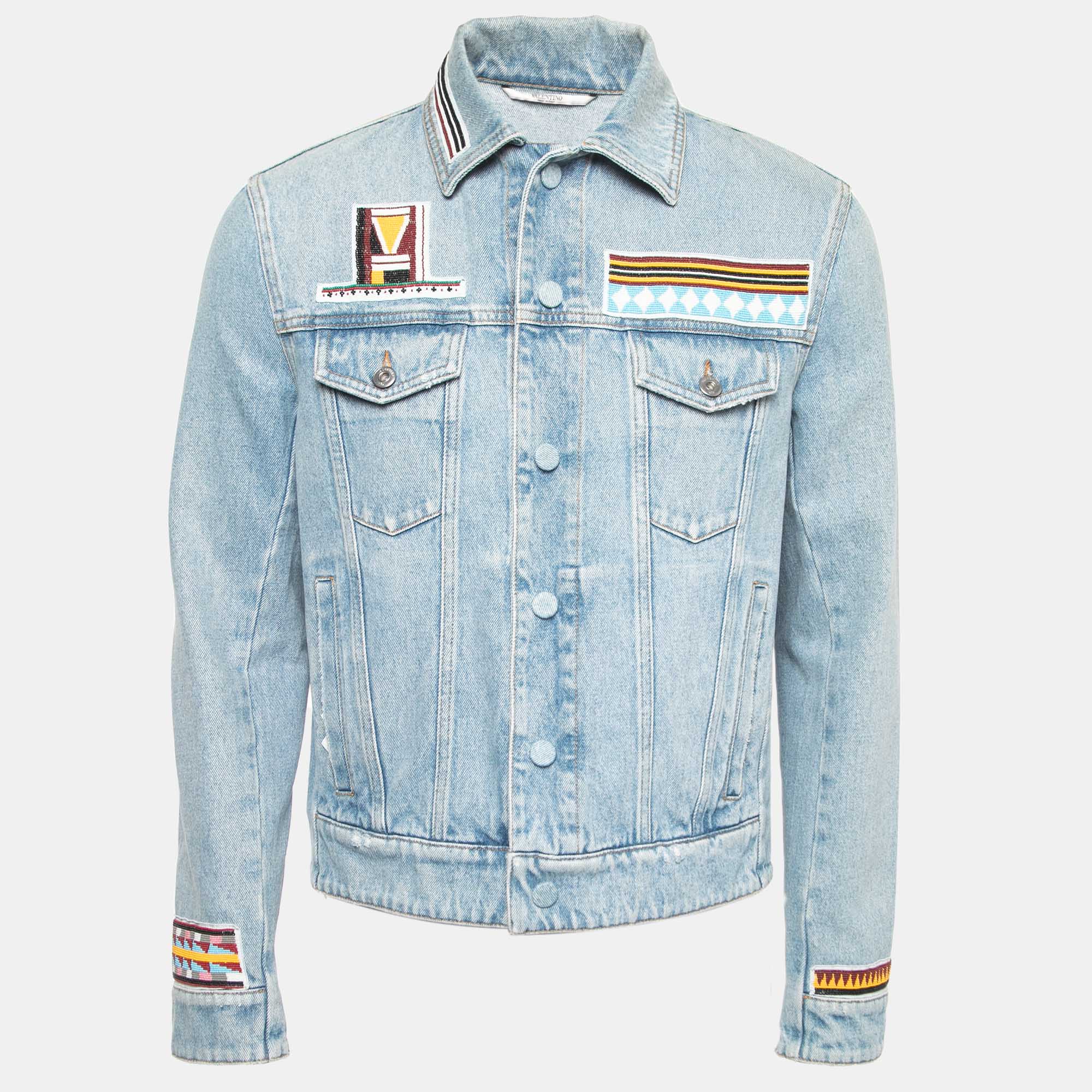 Valentino Blue Denim Bead Embroidered Button Front Jacket S