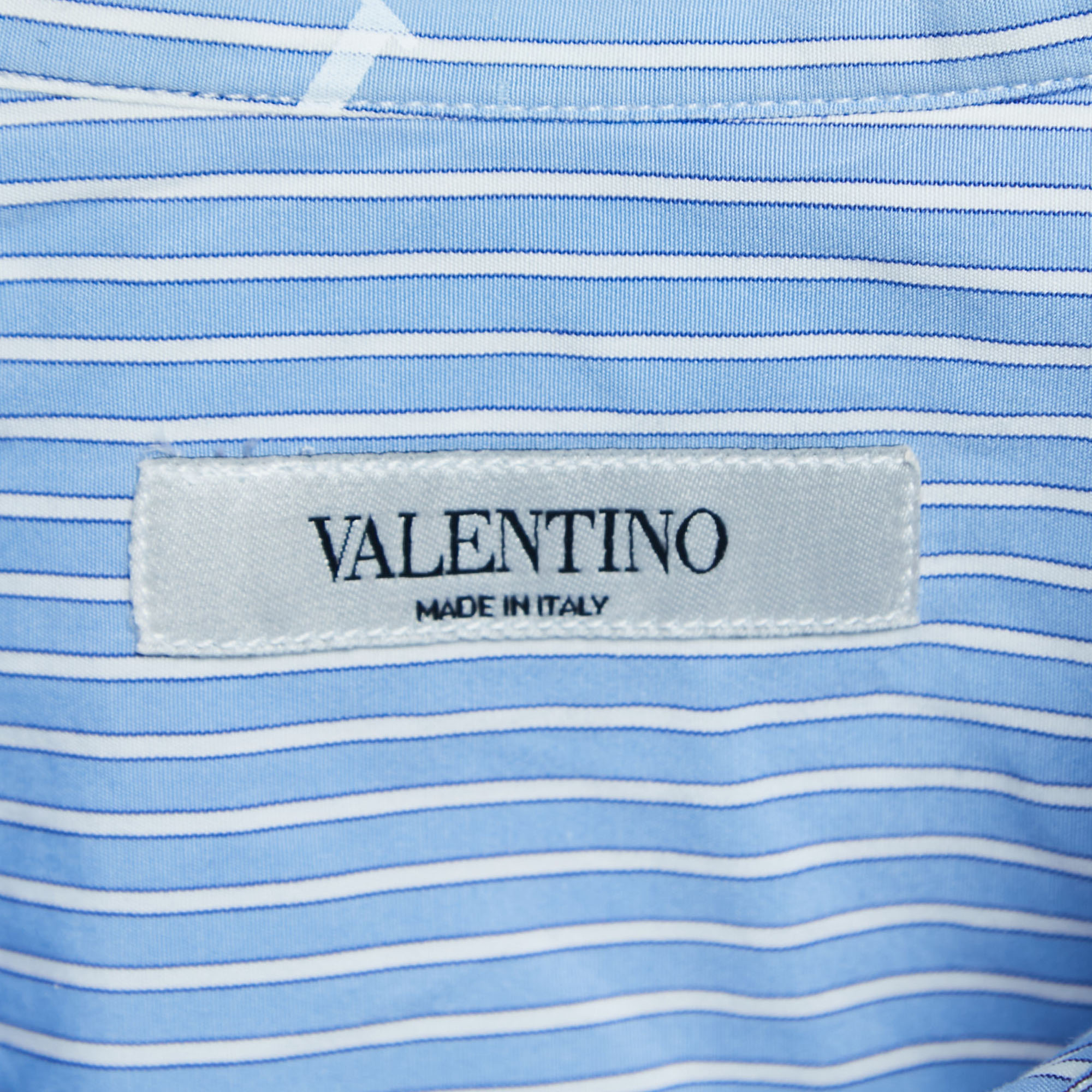 Valentino Blue Striped Logo Printed Cotton Long Sleeve Shirt M