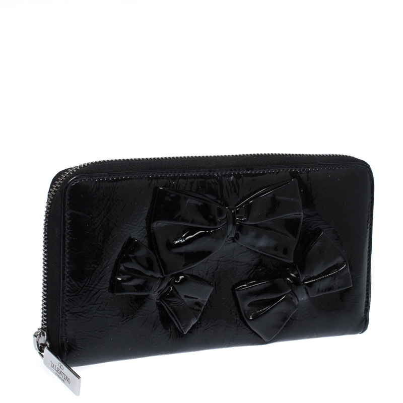 Valentino Black Patent Leather Bow Continental Zip Around Wallet