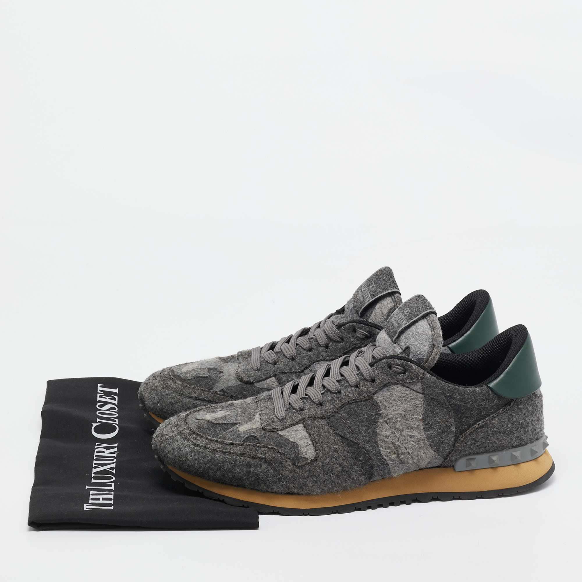 Valentino Grey/Green Fur And Leather Rockrunner Sneakers Size 43