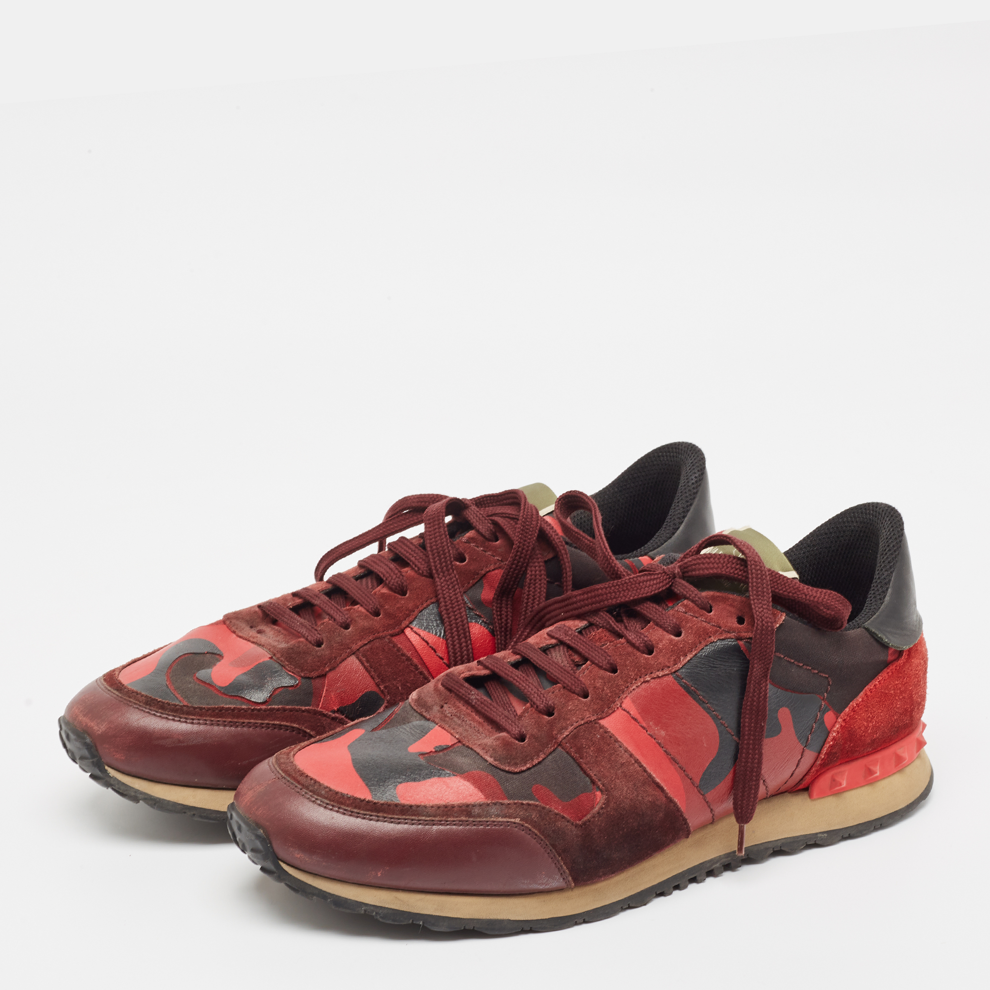 Valentino Red Camouflage Leather And Canvas Rockrunner Sneakers Size 45