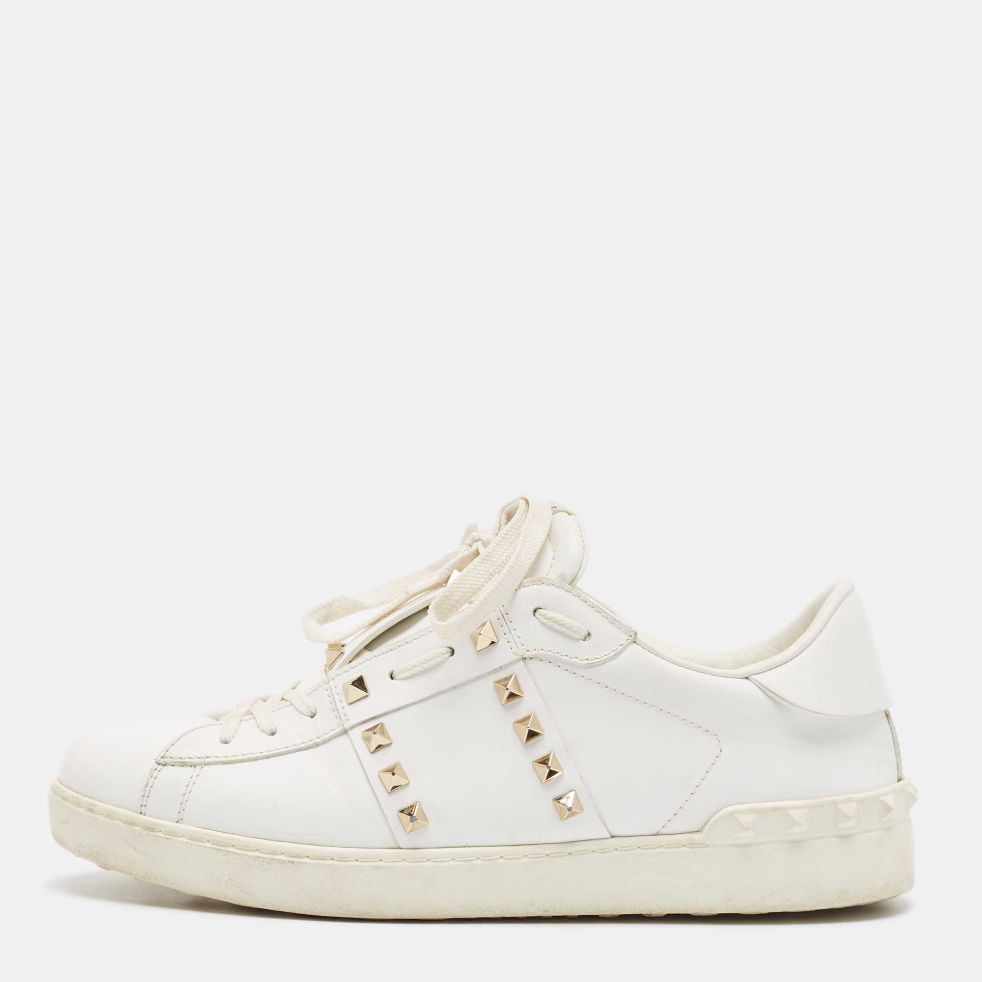 Valentino White Leather Rockstud Lace Up Sneakers Size 43