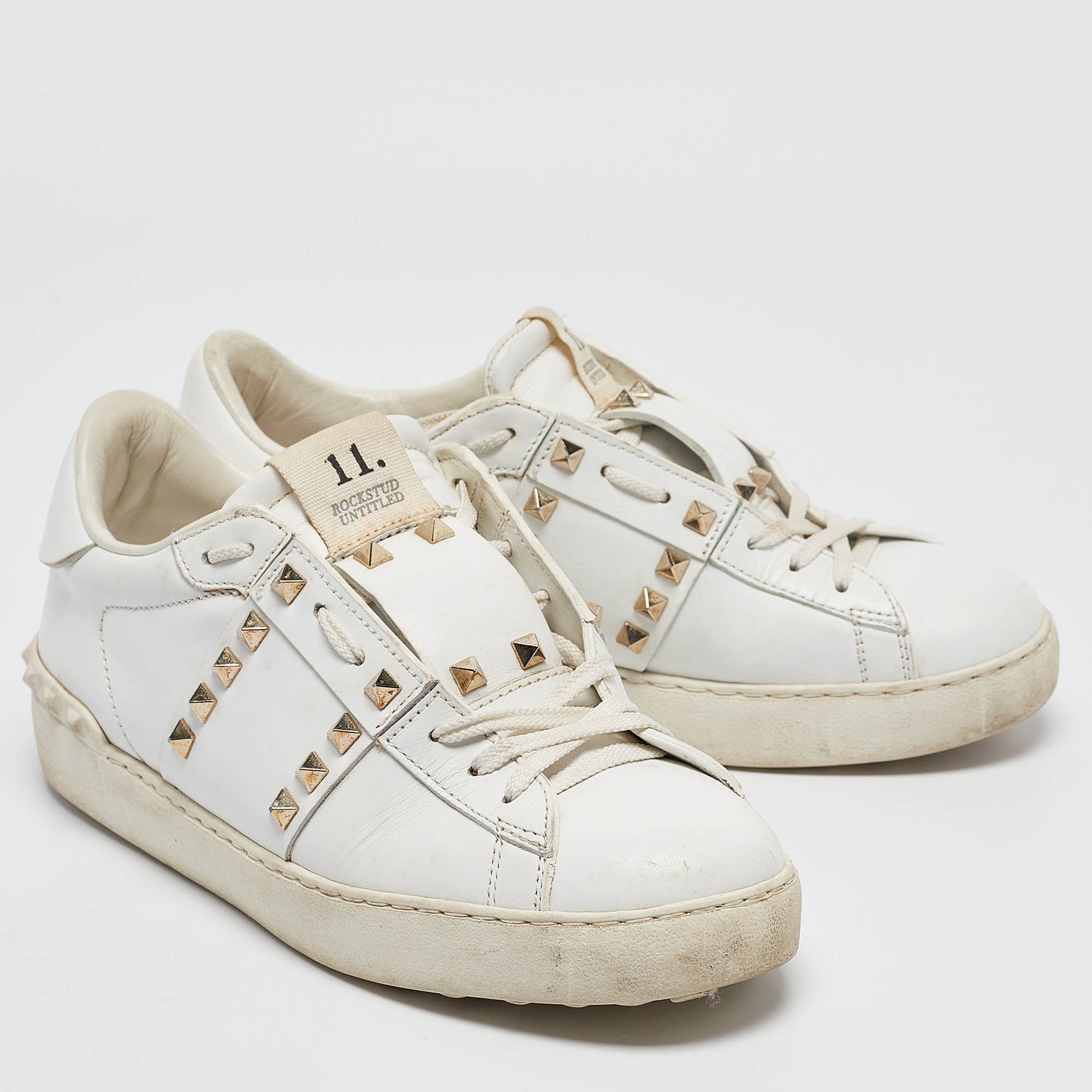 Valentino White Leather Rockstud Lace Up Sneakers Size 40.5