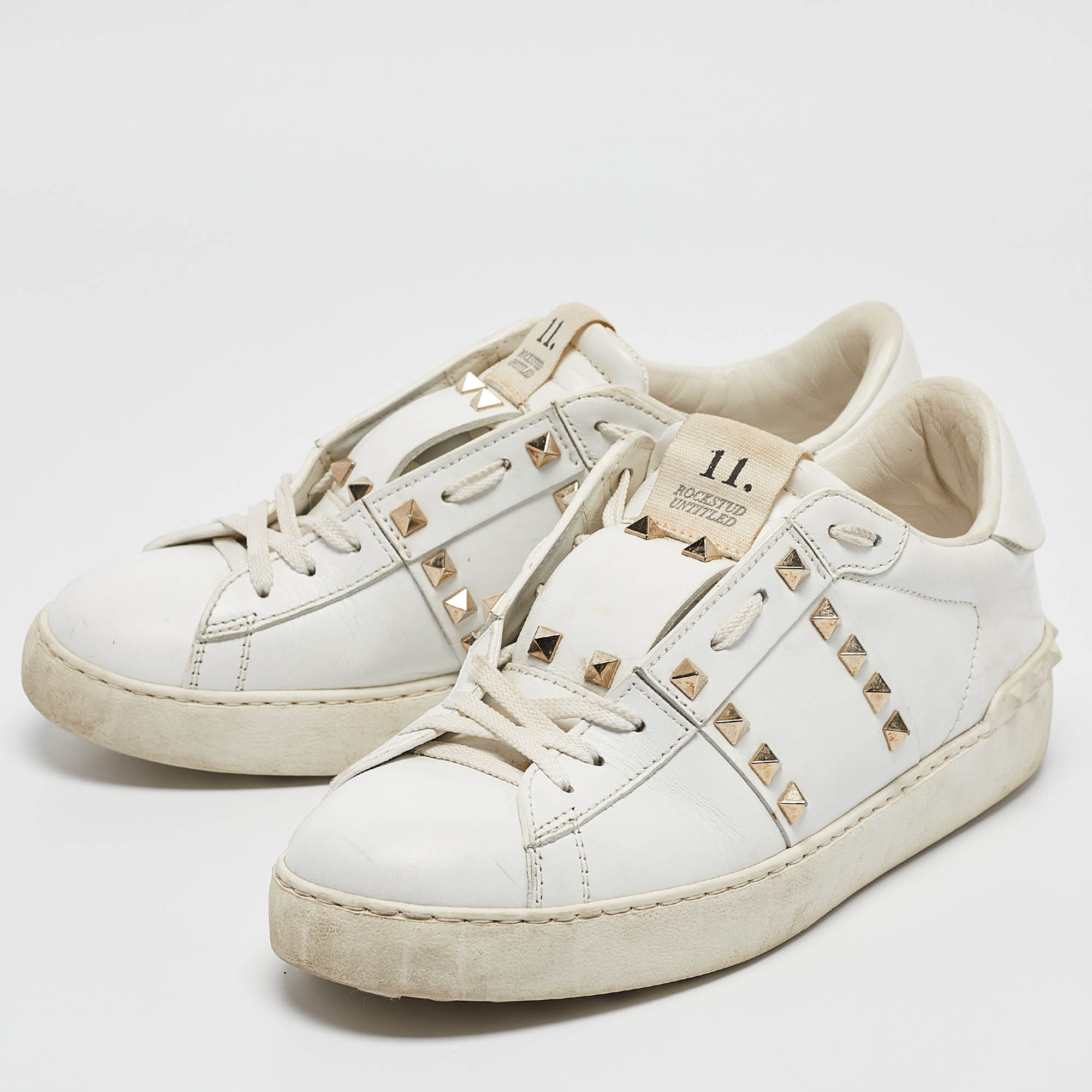 Valentino White Leather Rockstud Lace Up Sneakers Size 40.5