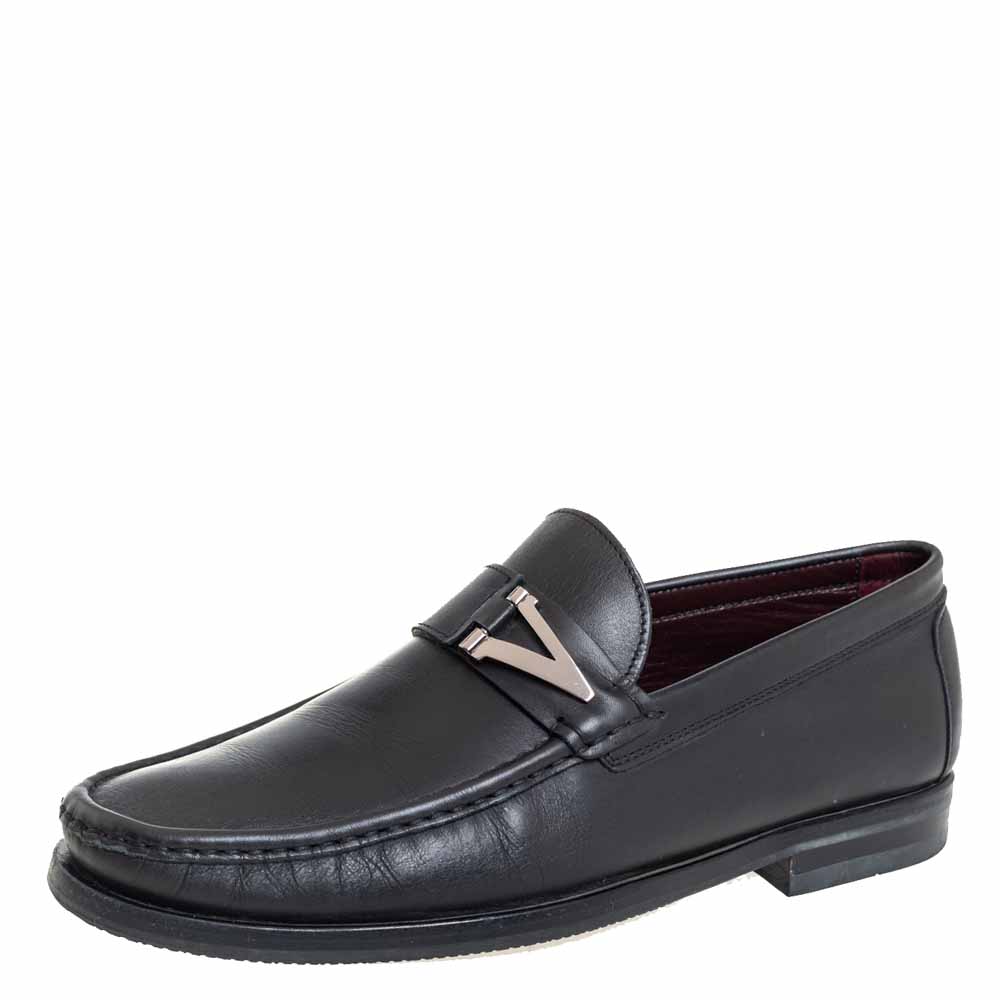Valentino Black Leather V Logo Slip On Loafers Size 41