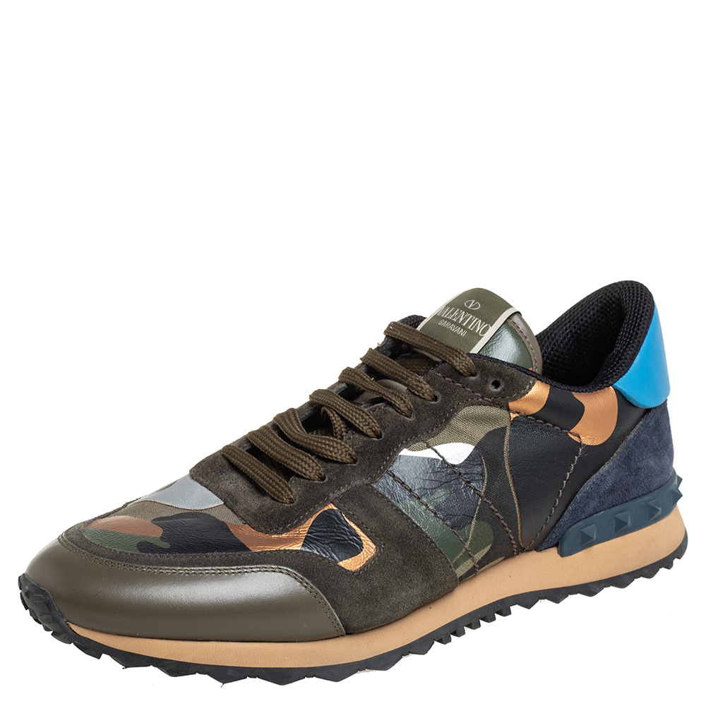 Valentino Multicolor Camouflage Print Canvas And Leather Rockstud Low Top Sneakers Size 41