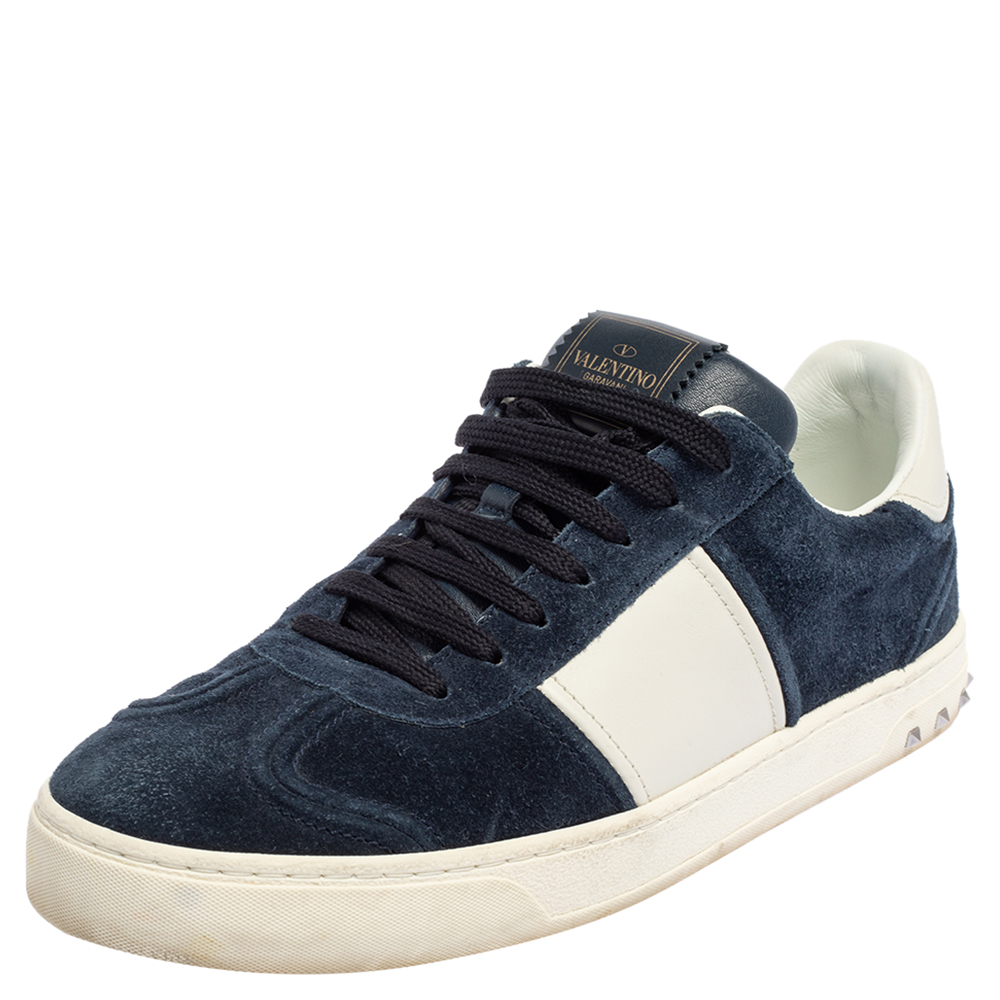 Valentino Blue/White Suede And Leather Flycrew Lace Up Sneakers Size 42