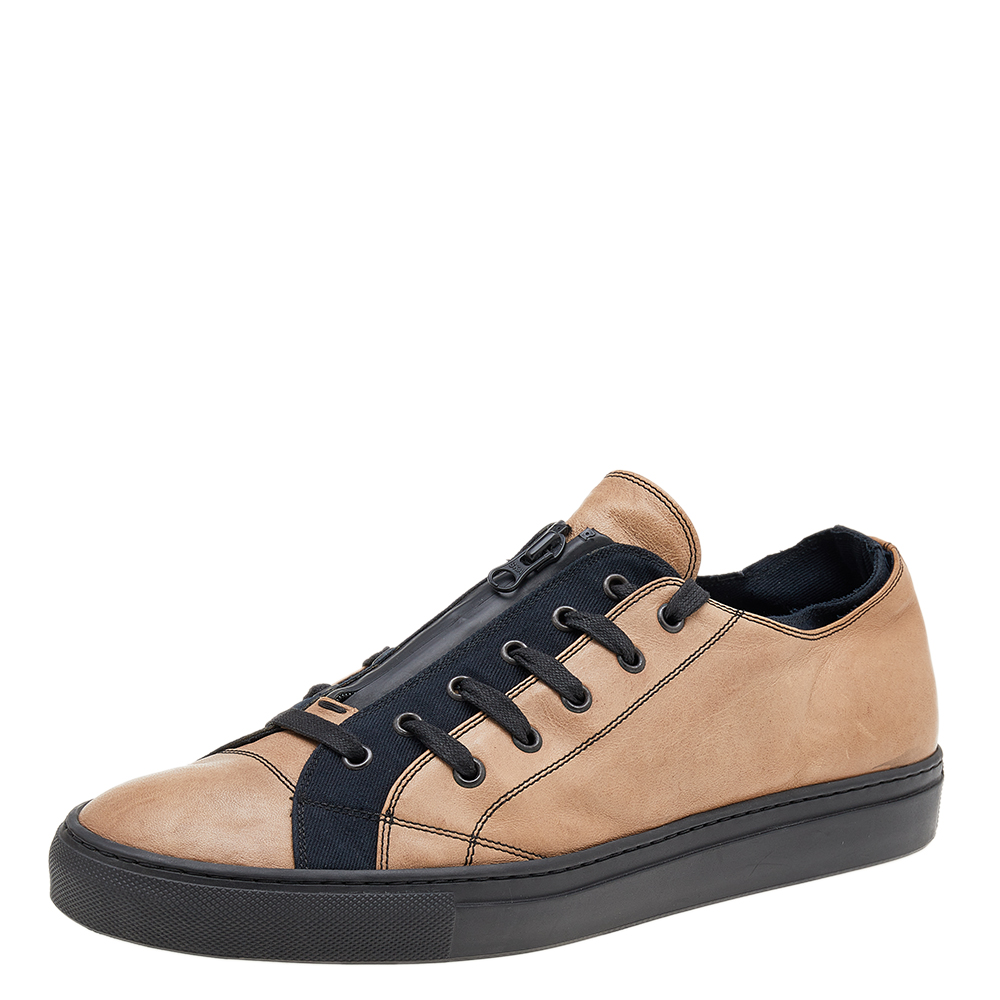Valentino Beige/Black Leather And Canvas Zip Detail Low Top Sneakers Size 46