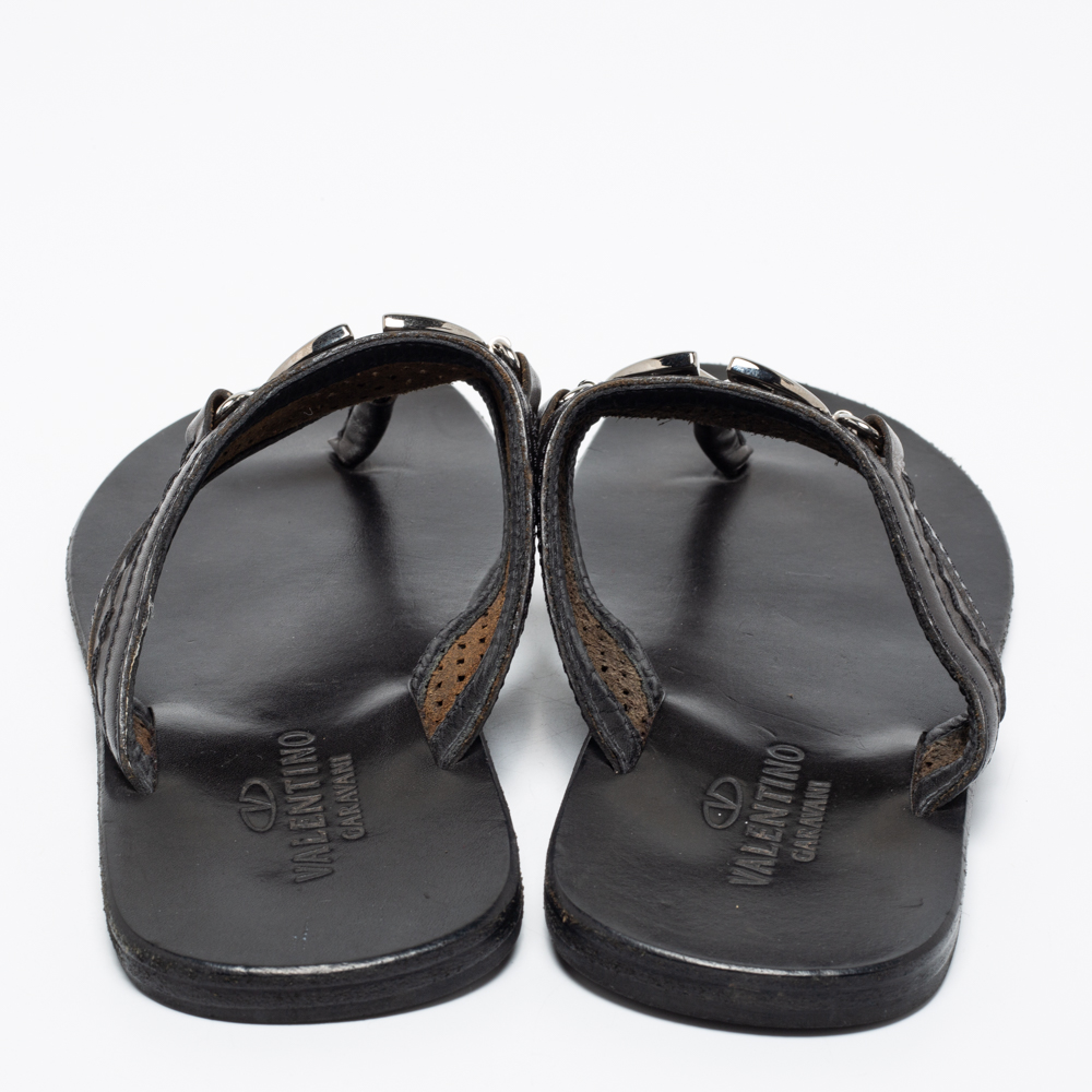 Valentino Black Leather V Logo Thong Sandals Size 40