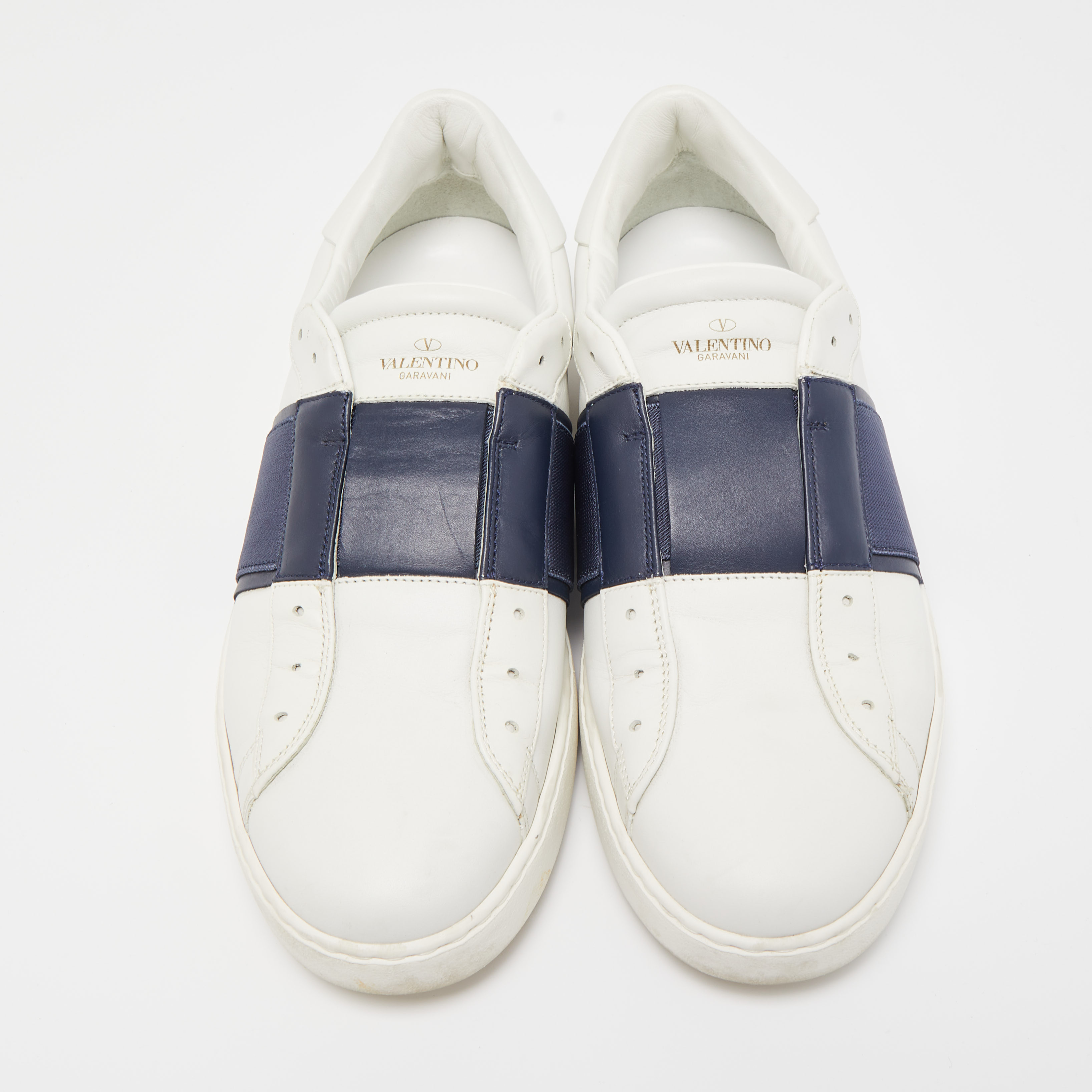 Valentino White/Navy Blue Leather Slip On Sneakers Size 45