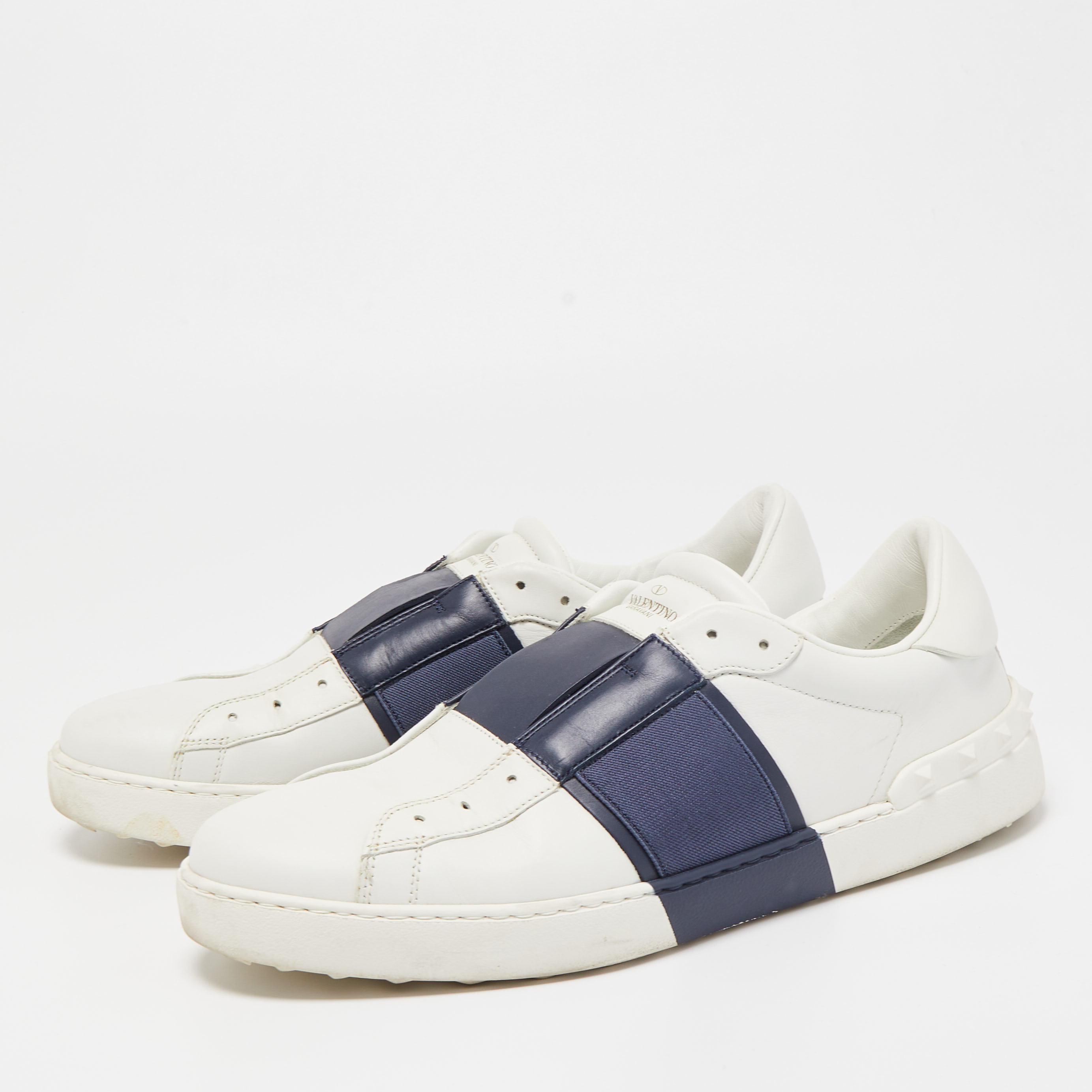 Valentino White/Navy Blue Leather Slip On Sneakers Size 45