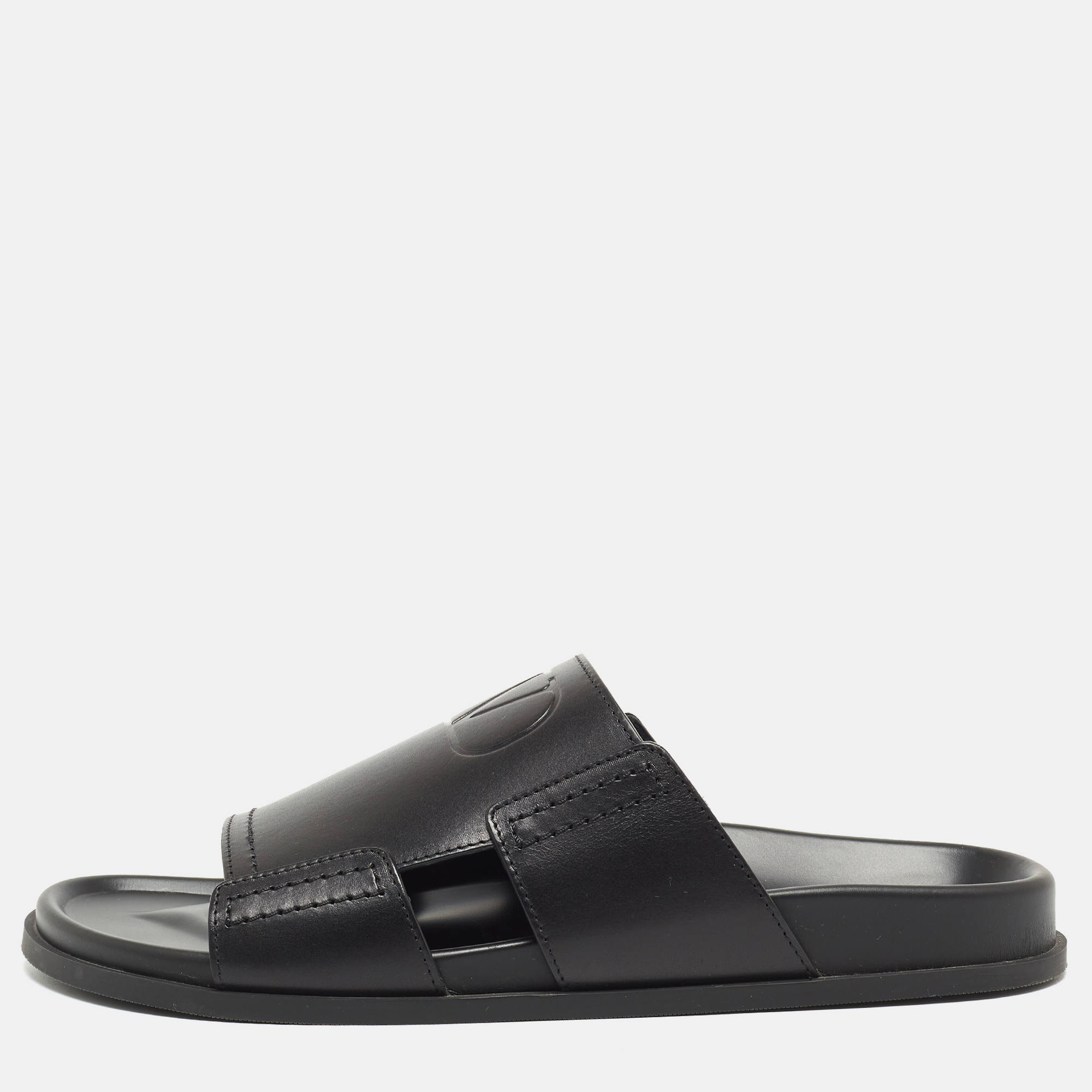 Valentino Black Leather Vlogo Flat Slides Size 45